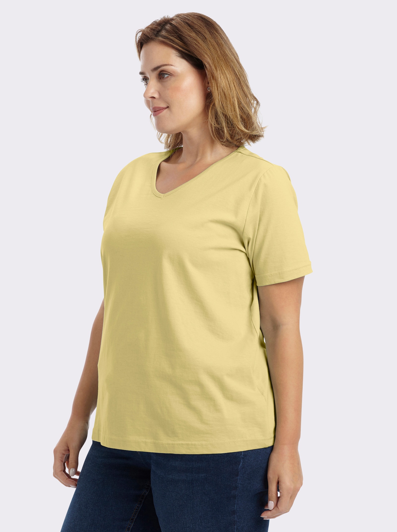 Kurzarmshirt mit V-Ausschnitt - vanillegelb