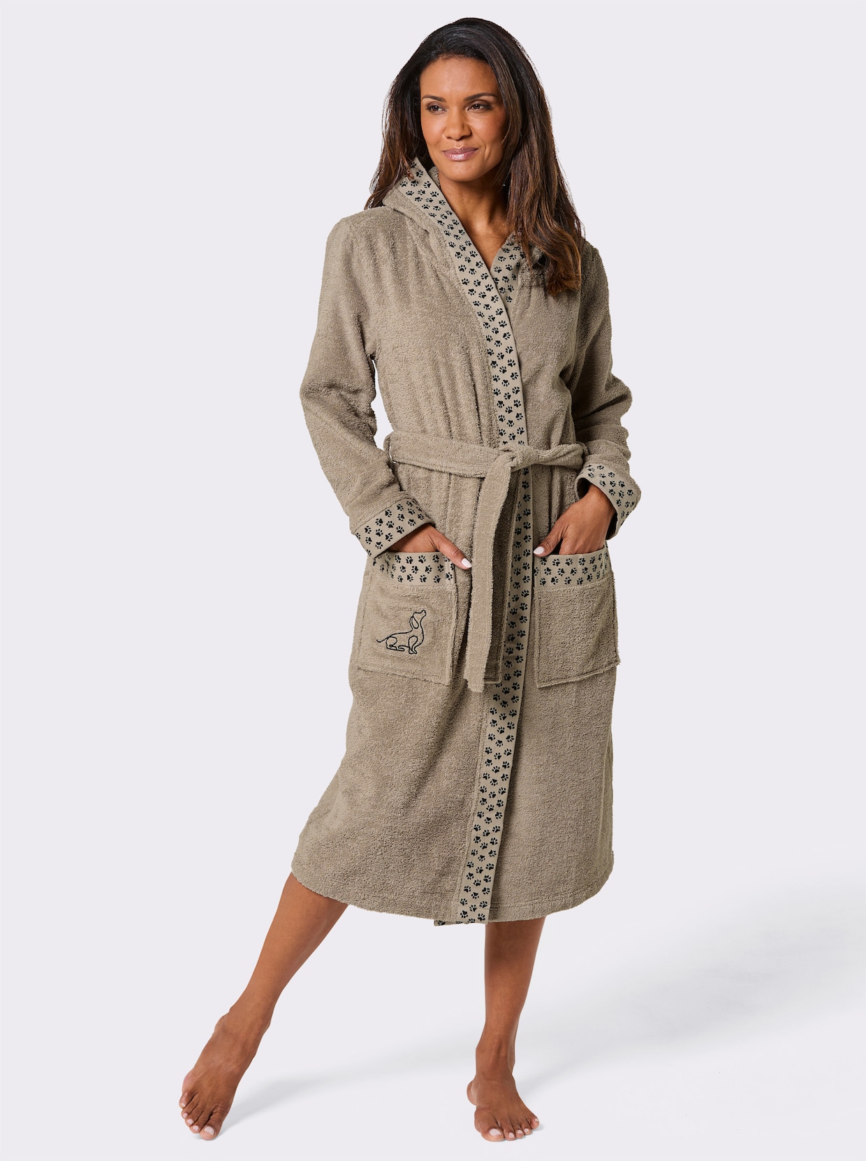 feel good Bademantel mit Pfötchen-Print und Dackel-Stickerei - beige-schwarz