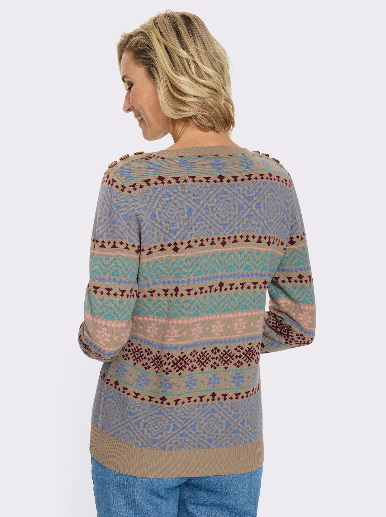 Pullover met ronde hals en sierknopen - sesam/bordeaux gedessineerd