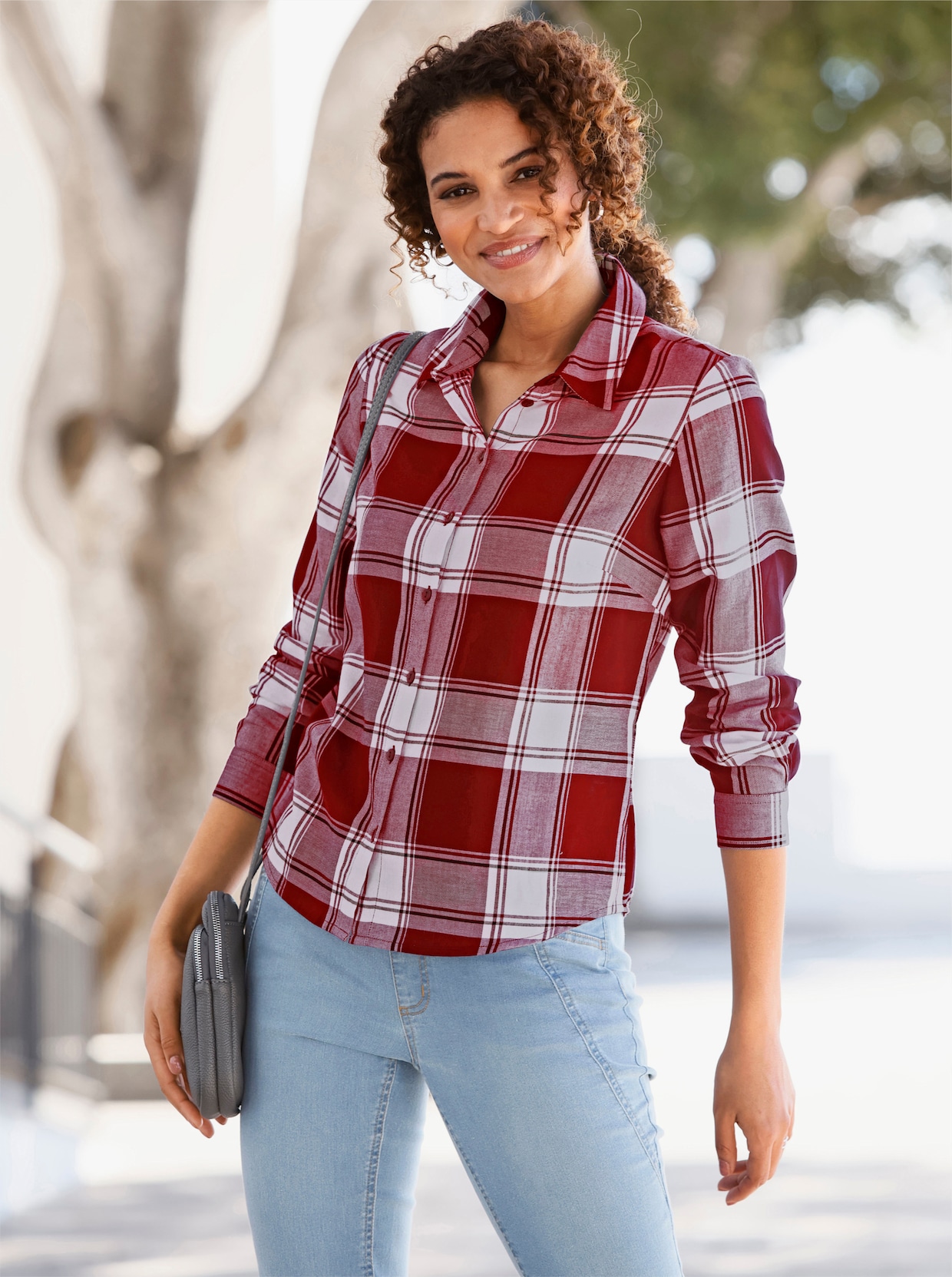 Flanellbluse - dunkelrot-weiß-kariert