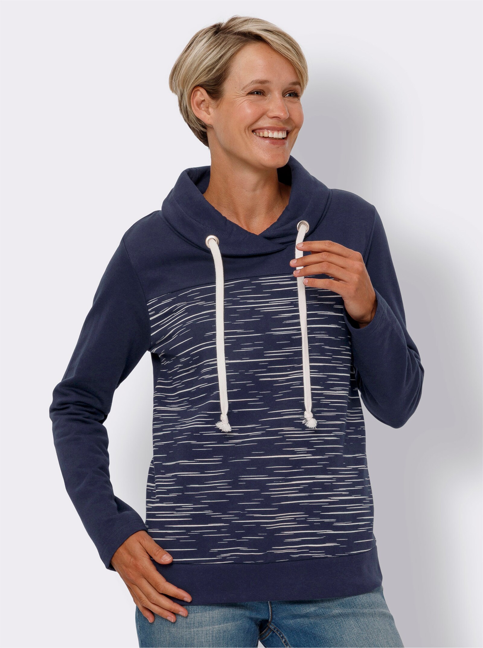 Sweatshirt met rolkraag - marine/ecru geprint