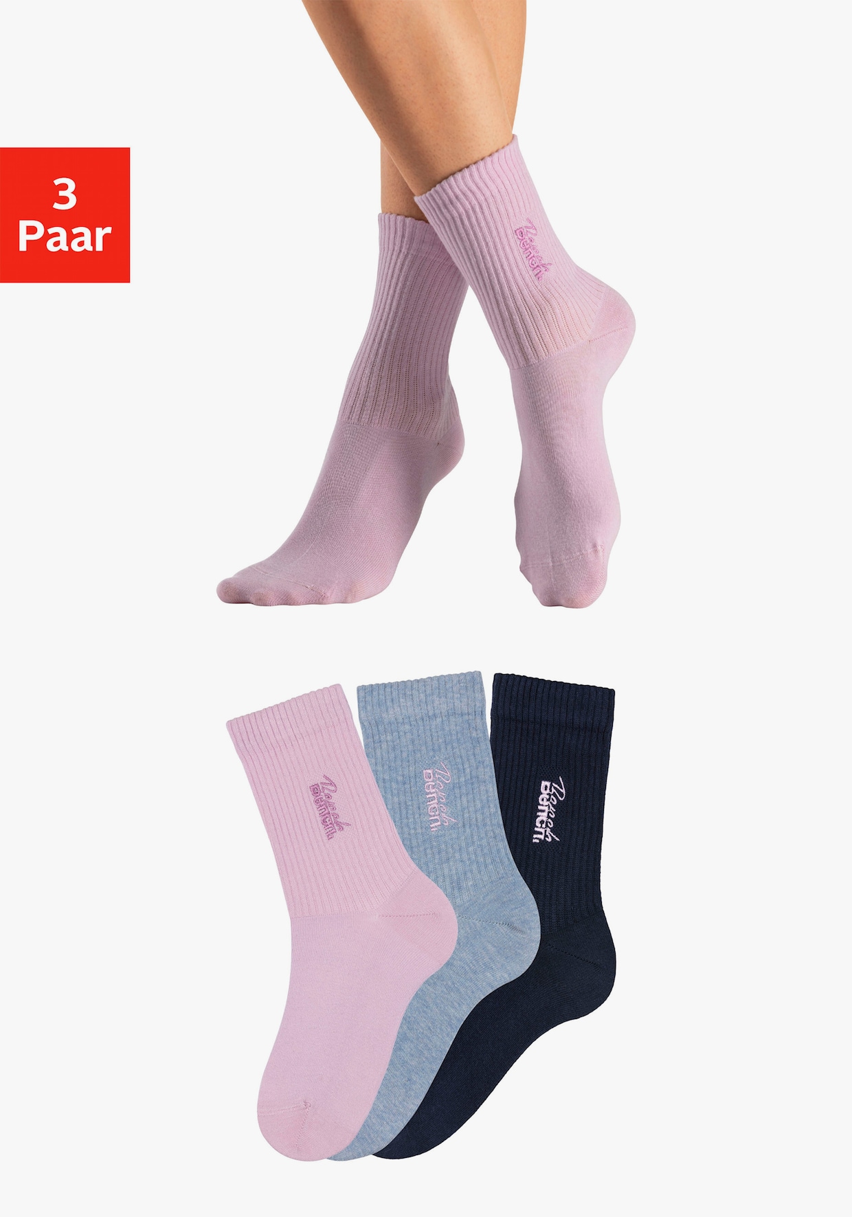 Bench. Basicsocken - 1x marine, 1x hellblau-meliert, 1x rosa