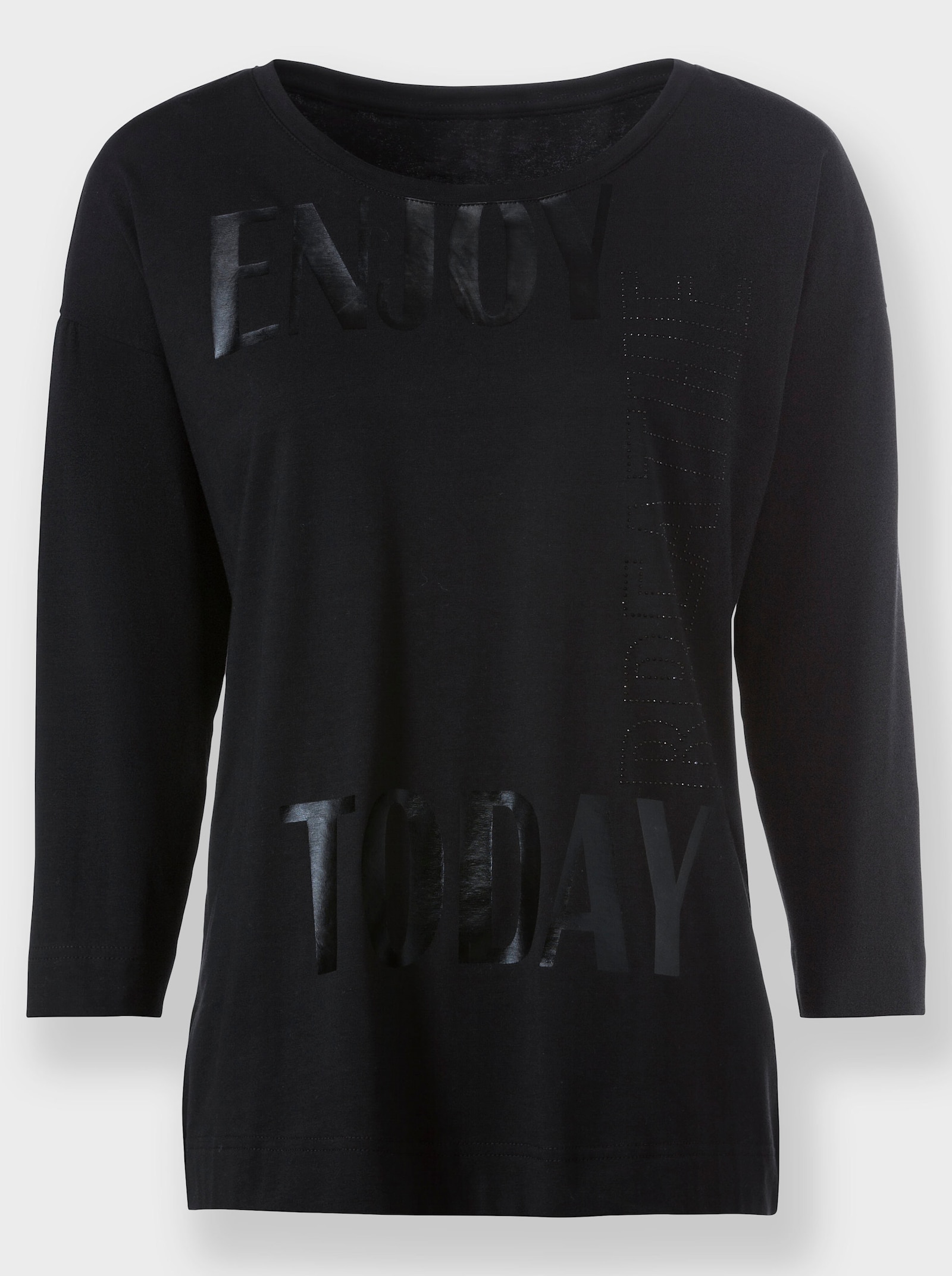 heine Rundhalsshirt mit Glitzersteinchen-Schriftzug - schwarz