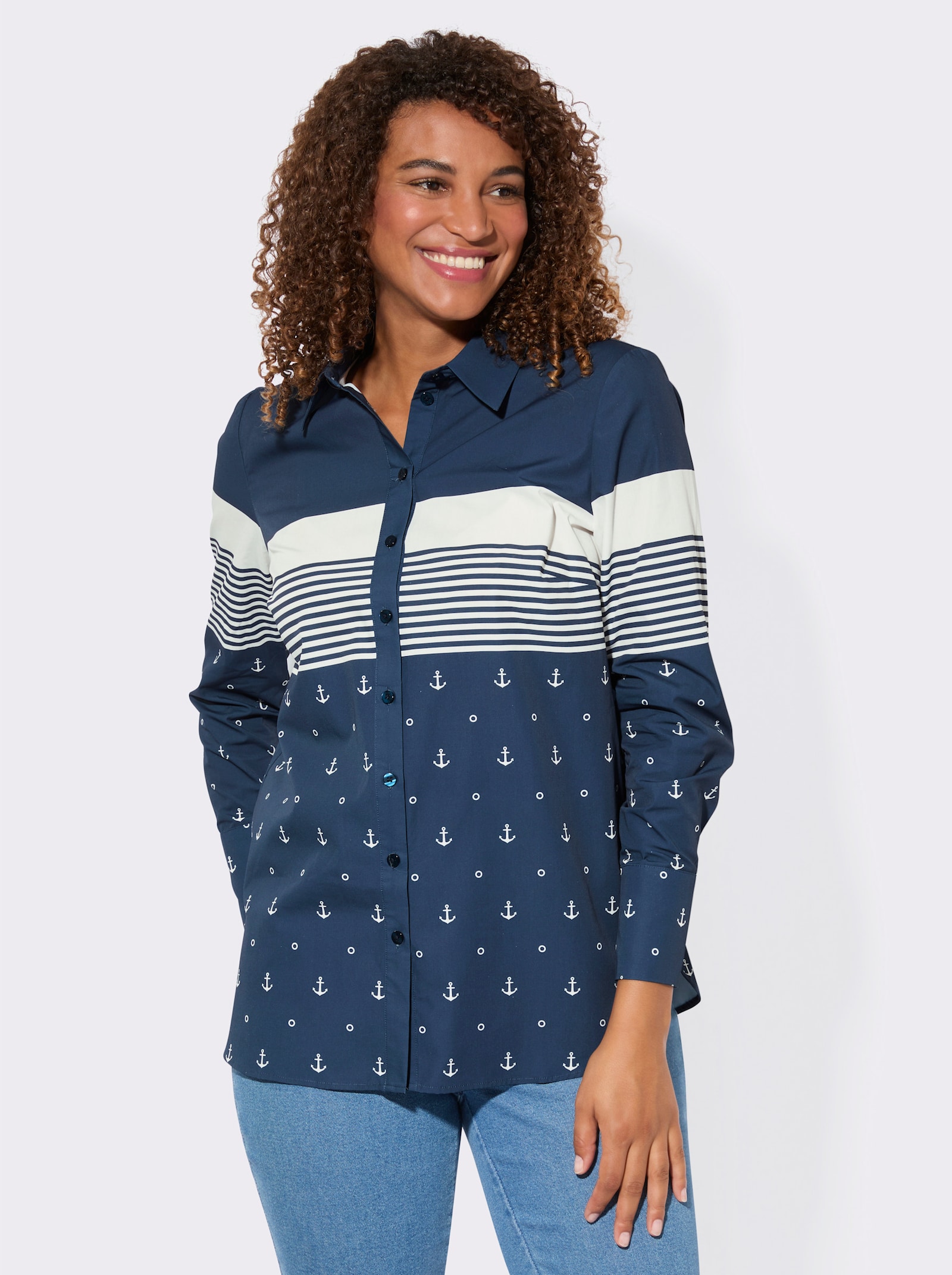 Langarm-Bluse mit Hemdkragen - dunkelblau-weiß-gestreift
