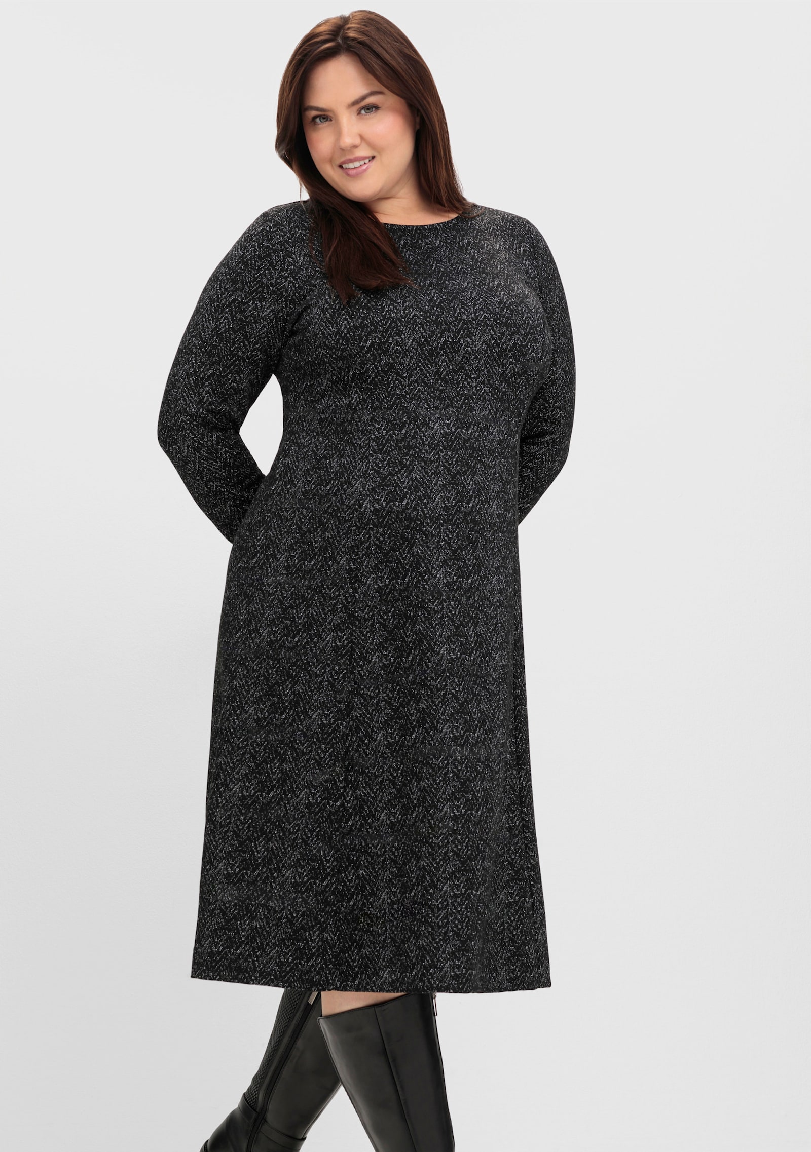 sheego Shirtkleid mit Jacquardmuster bedruckt - schwarz-gemustert