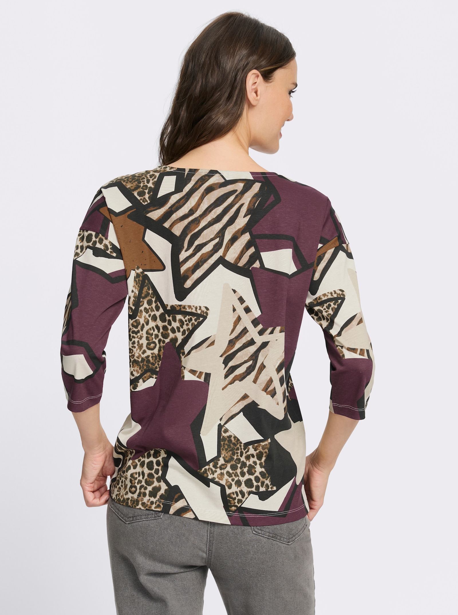 3/4-Arm-Shirt aus reiner Baumwolle - burgund-champagner-bedruckt