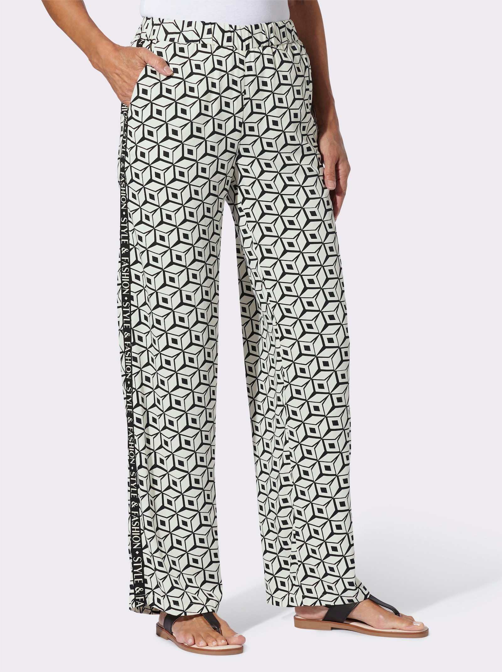 Druckhose mit Galonstreifen - champagner-schwarz-bedruckt