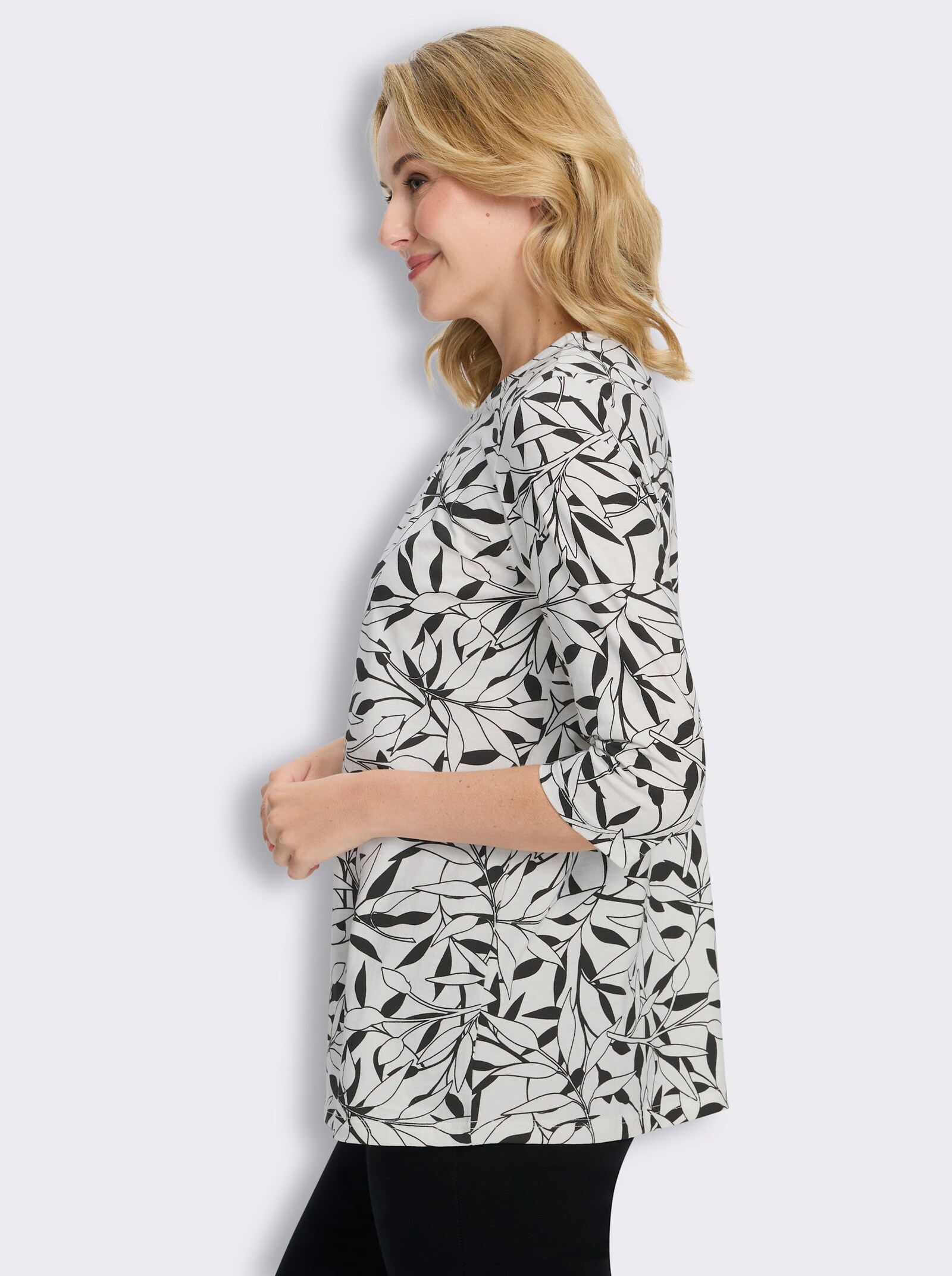 Longshirt mit Falten am Ausschnitt - ecru-schwarz-bedruckt