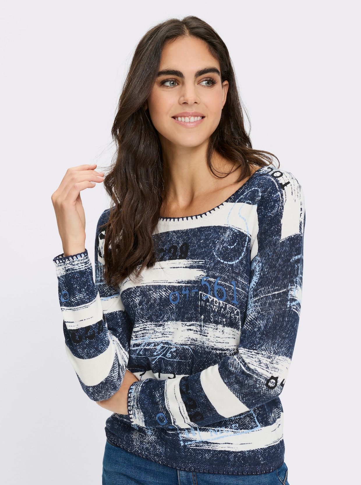 heine Langarm-Pullover - jeansblau-ecru-bedruckt