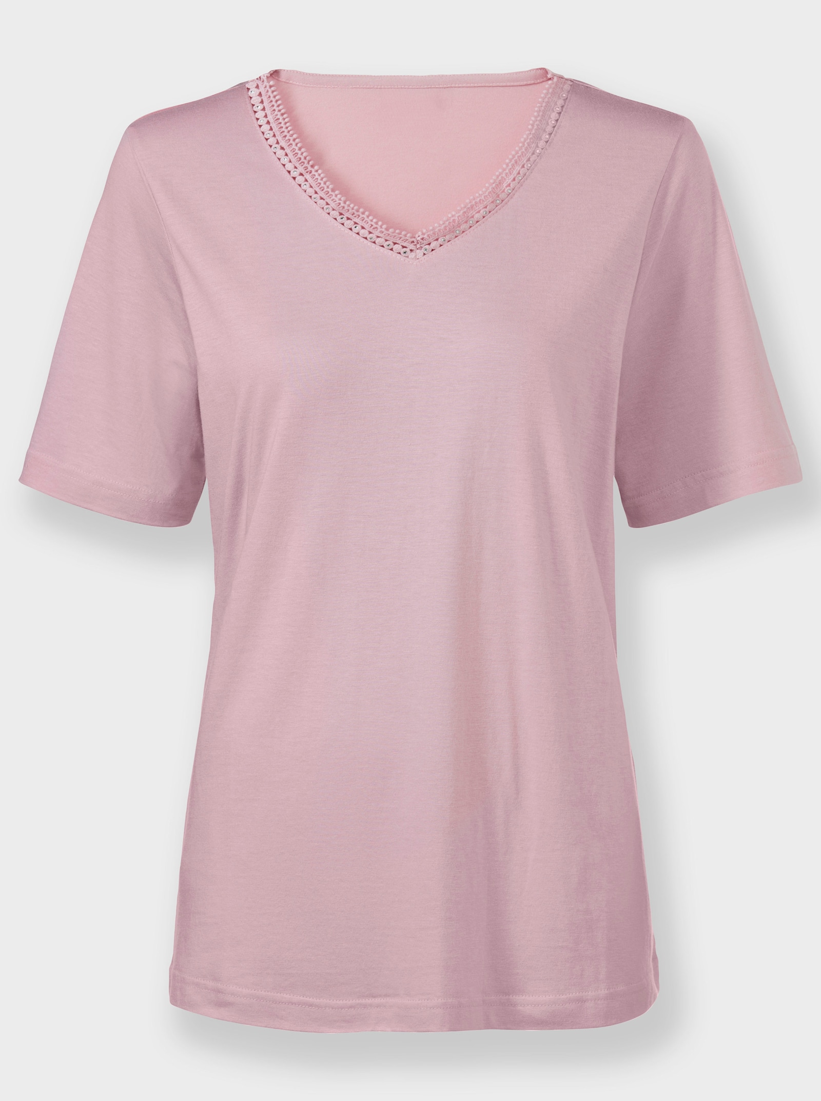  V-Shirt mit Spitze am Ausschnitt - rosé