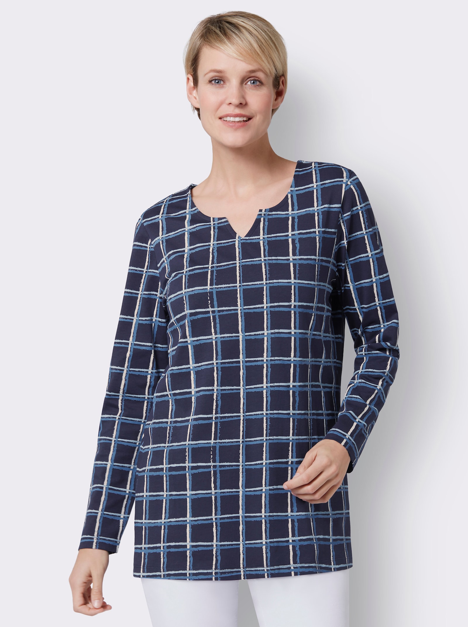 Longshirt im Karo-Muster - nachtblau-mittelblau-kariert