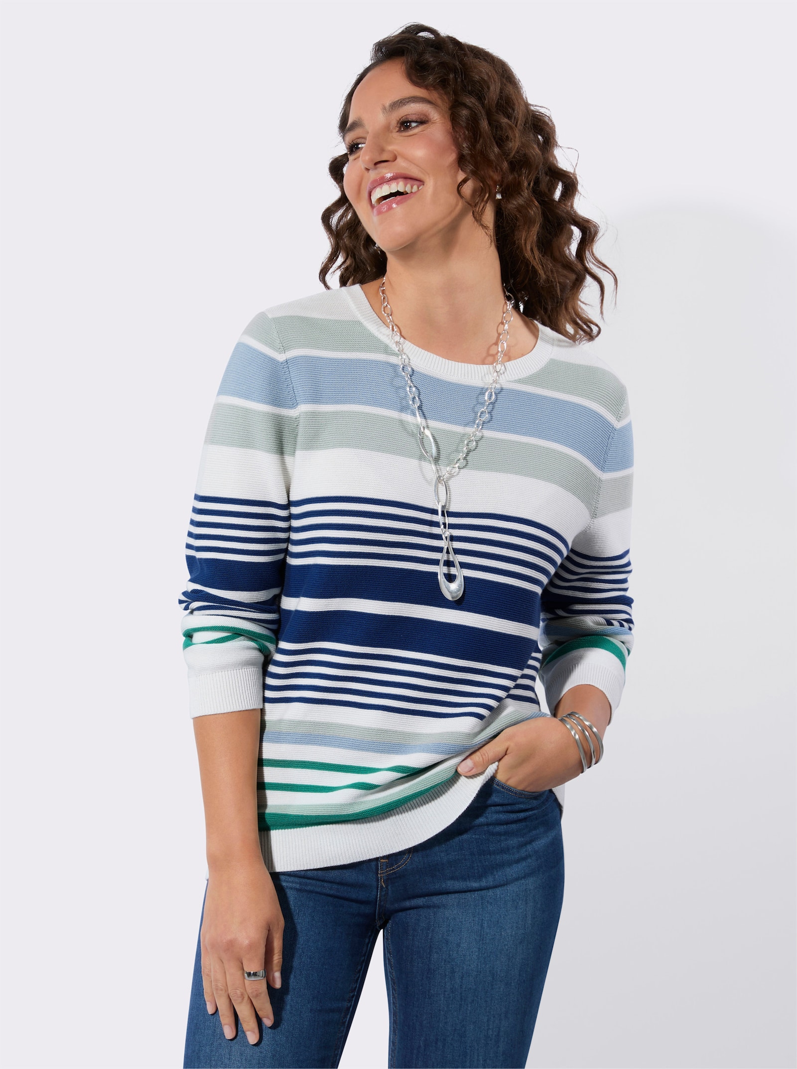 Baumwollpullover im Ringel-Dessin - kalkmint-jeansblau-geringelt