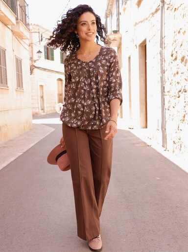 Druckbluse mit elastischem Saum - schoko-camel-bedruckt
