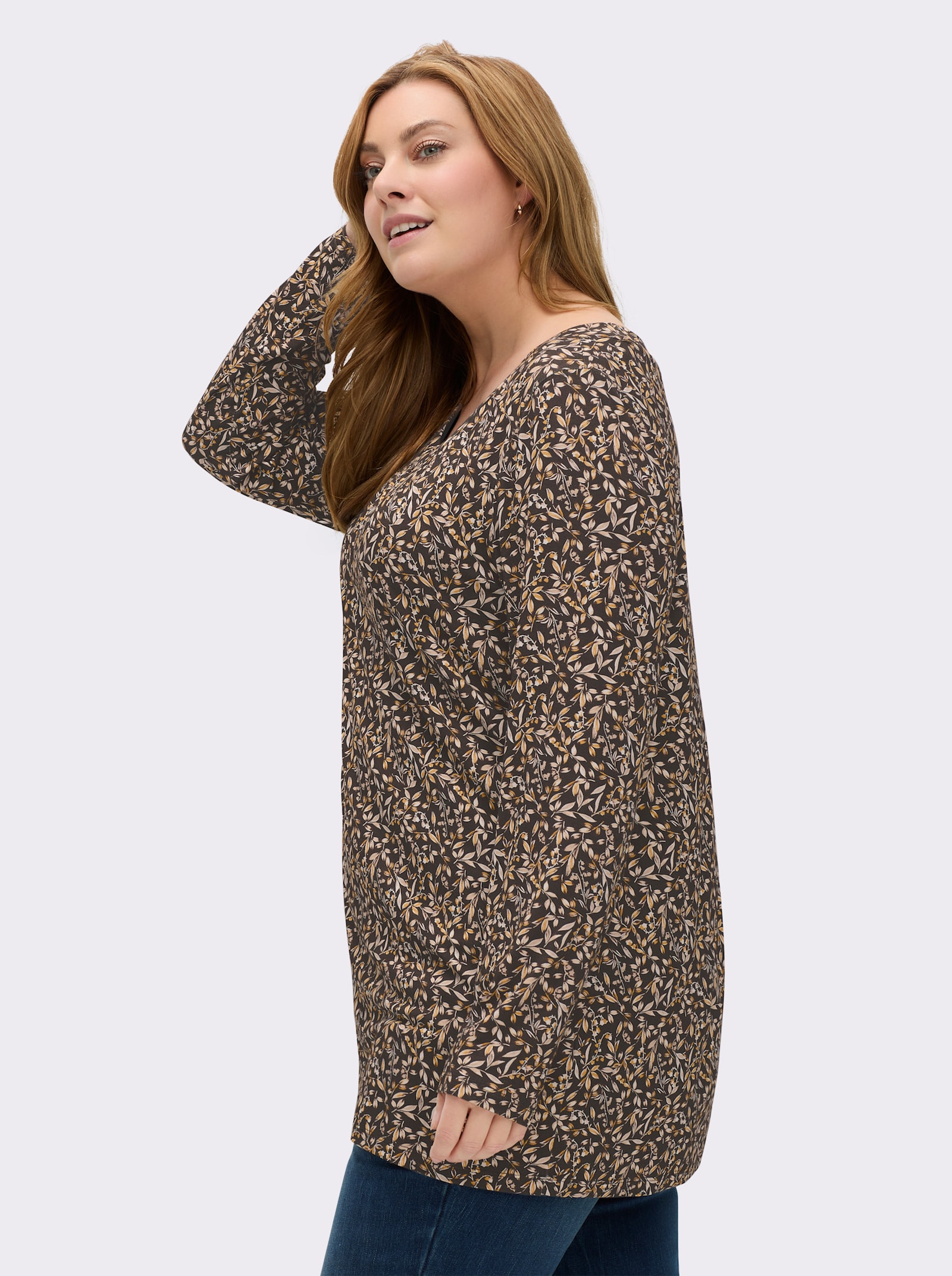 Tunikashirt mit Raffung am Ausschnitt - graphit-ocker-bedruckt