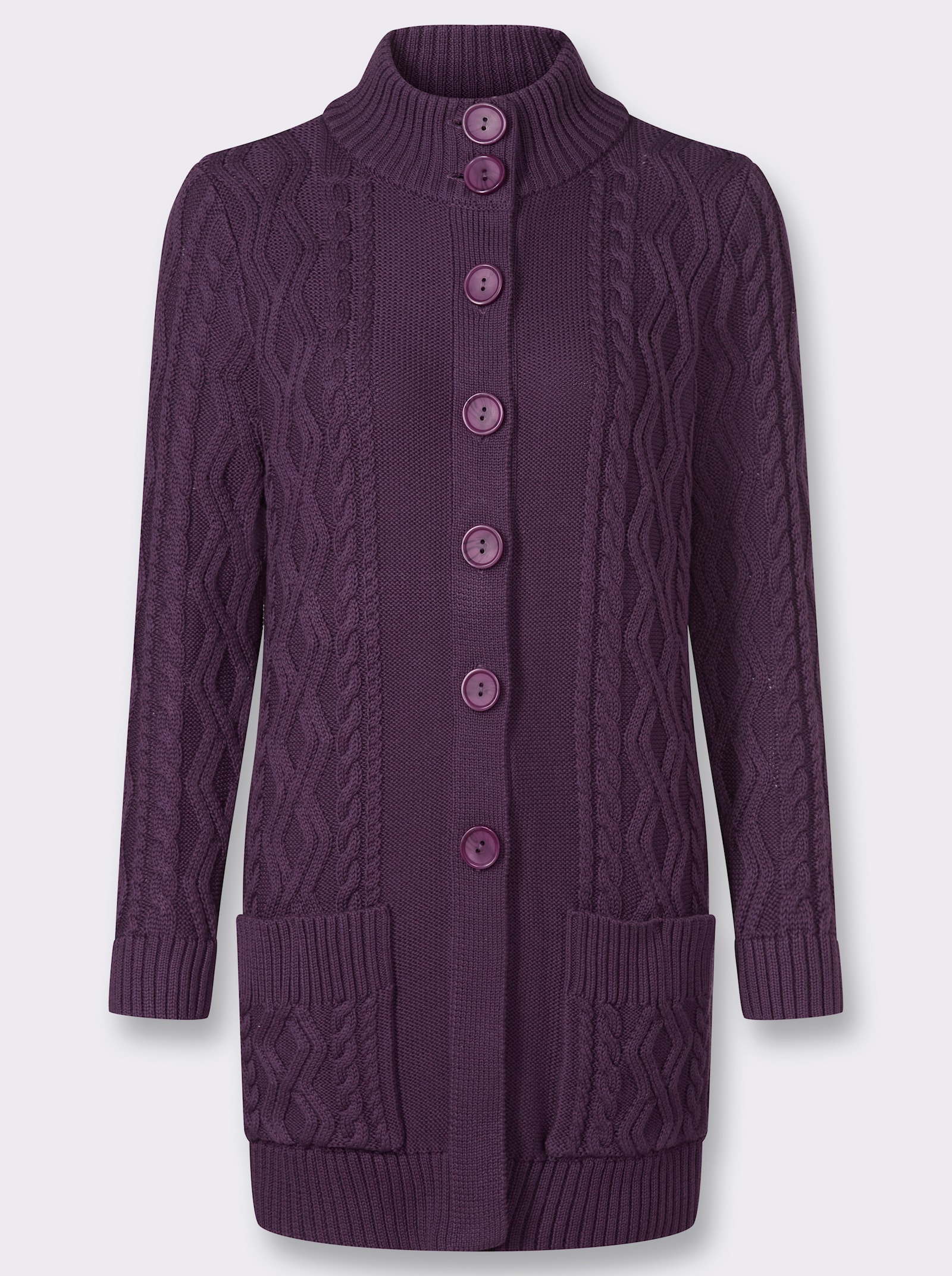 Longstrickjacke mit Zopfmuster rundum - traube