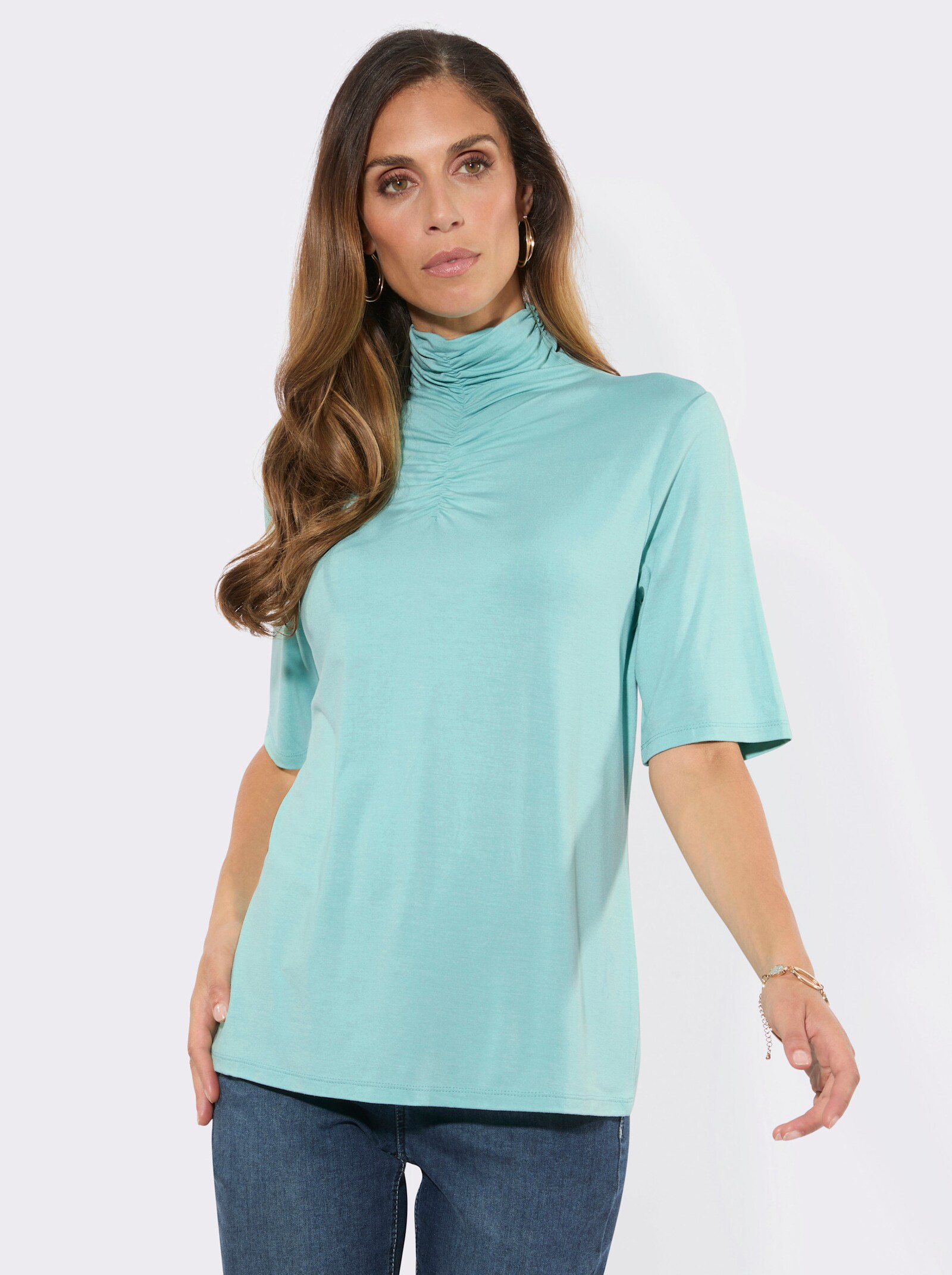 Stehkragenshirt mit Raffung - mint