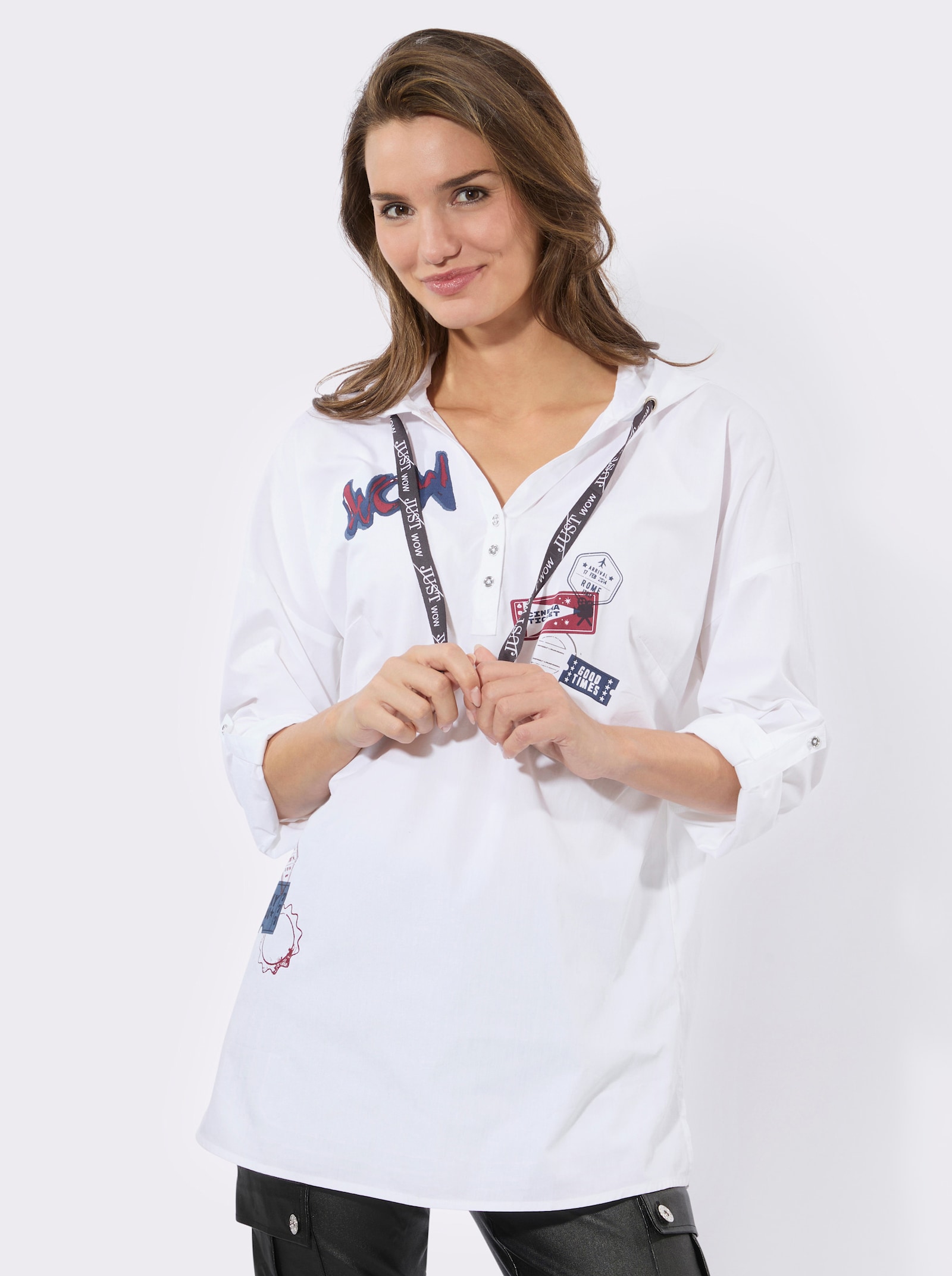 Longbluse mit Patches im Vorderteil - weiß