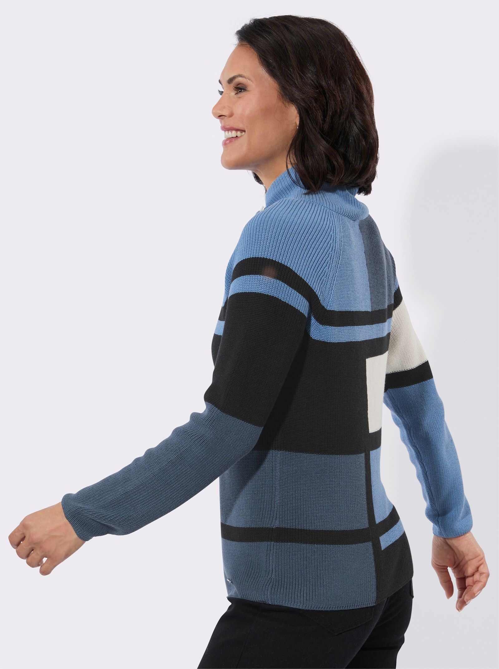 Stehkragenpullover mit Intarsien-Muster - rauchblau-ecru-gemustert