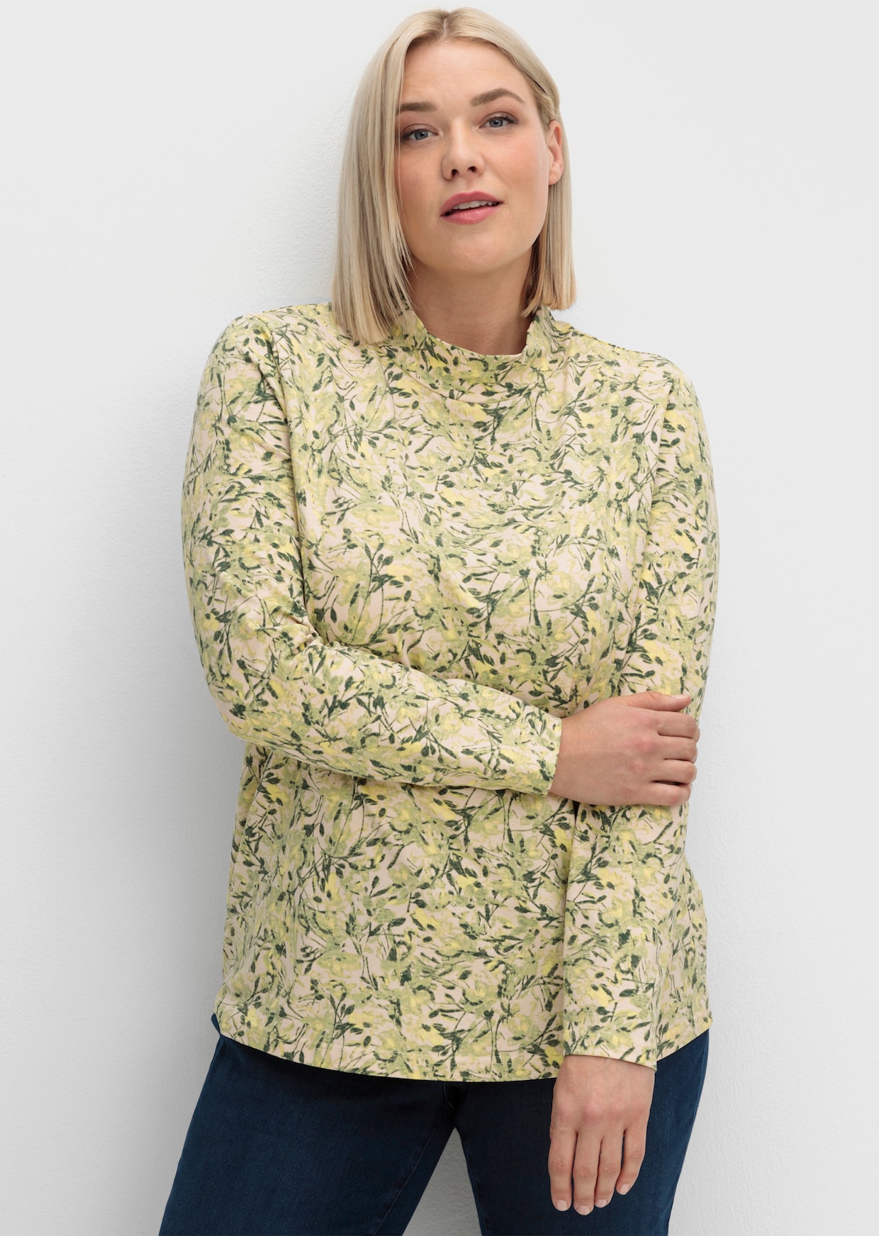 Stehkragenshirt mit floralem Druck - lindgrün-zitrone-bedruckt