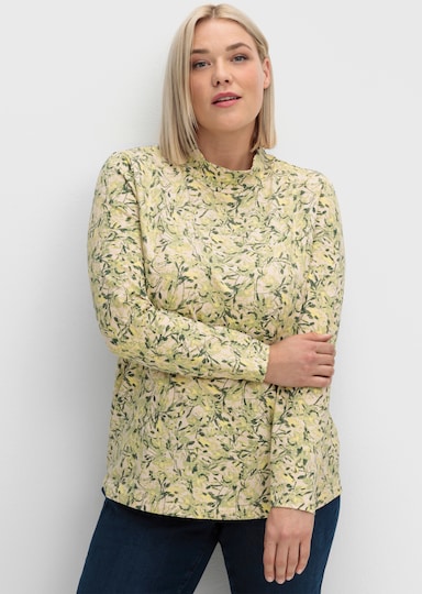 Stehkragenshirt mit floralem Druck - lindgrün-zitrone-bedruckt
