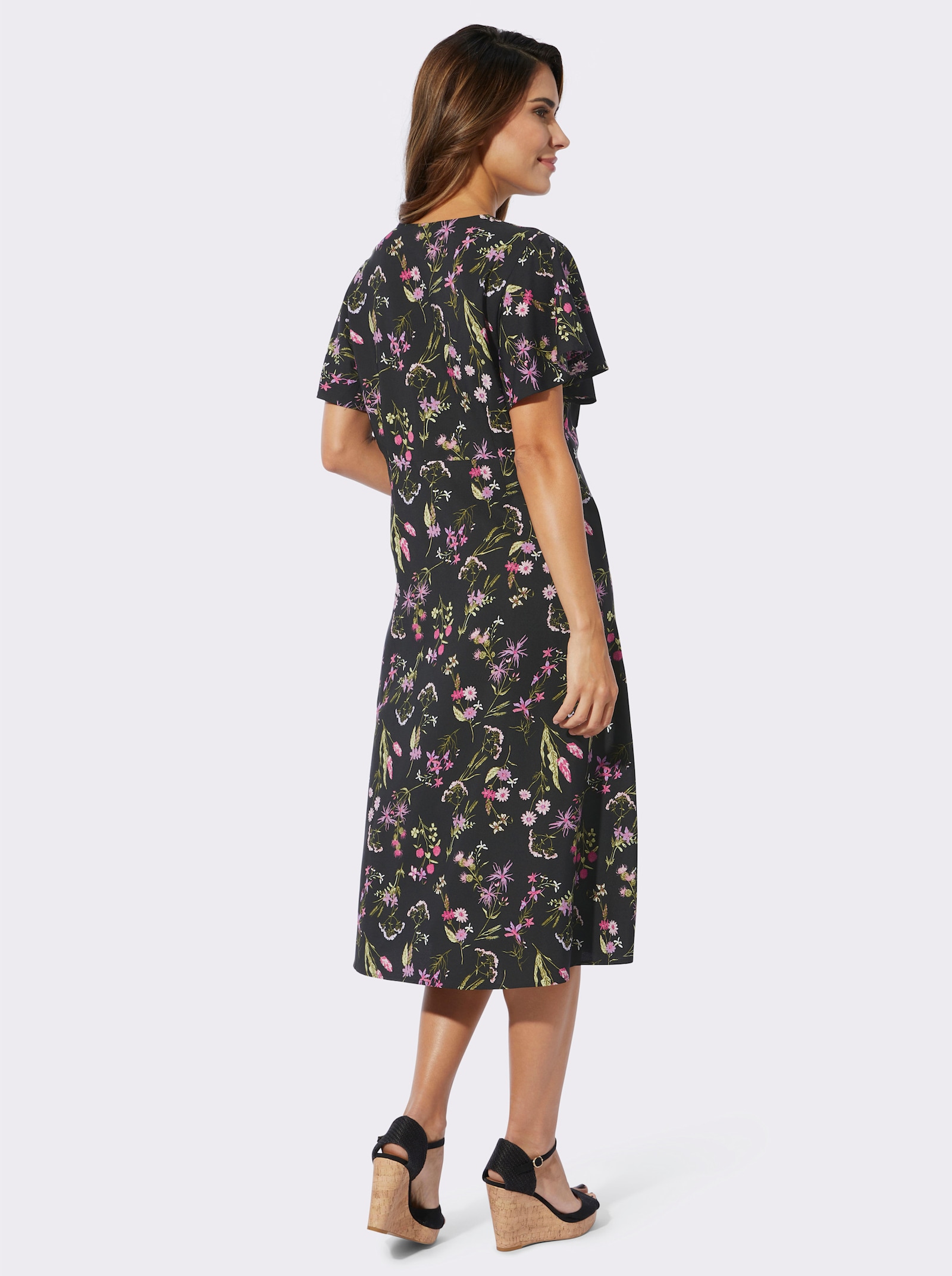 Druckkleid mit Flügel-Ärmeln - schwarz-altrosa-bedruckt