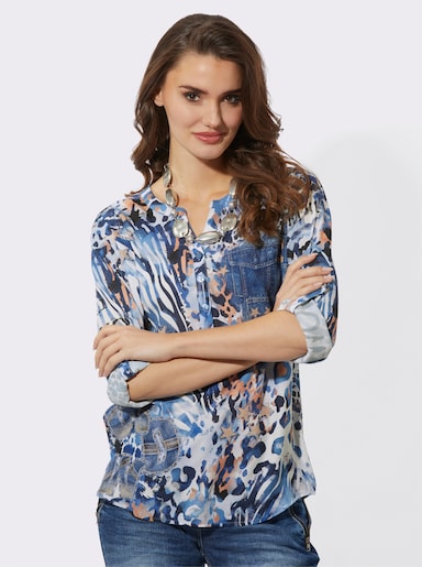 Druckbluse - ecru-mittelblau-bedruckt