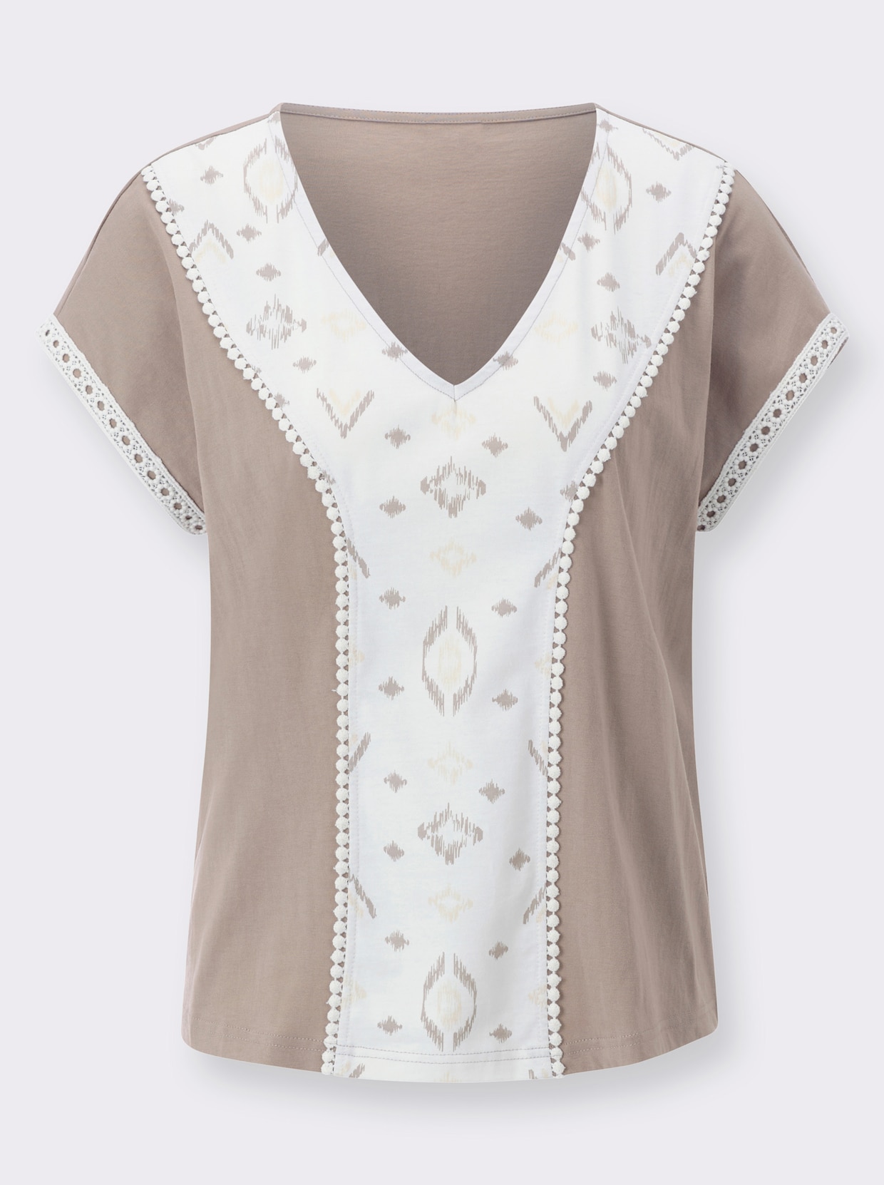 V-Shirt - taupe-ecru-bedruckt