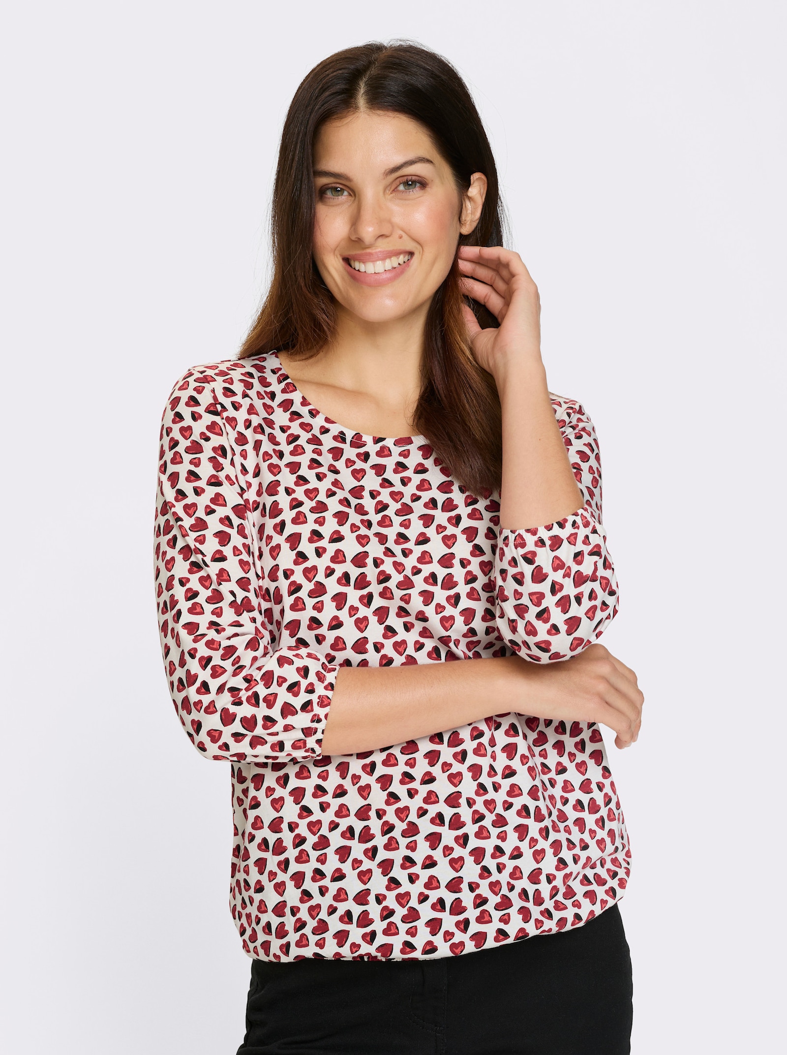 Topp med 3/4-ärm och hjärtmönster - ecru-röd-med tryck