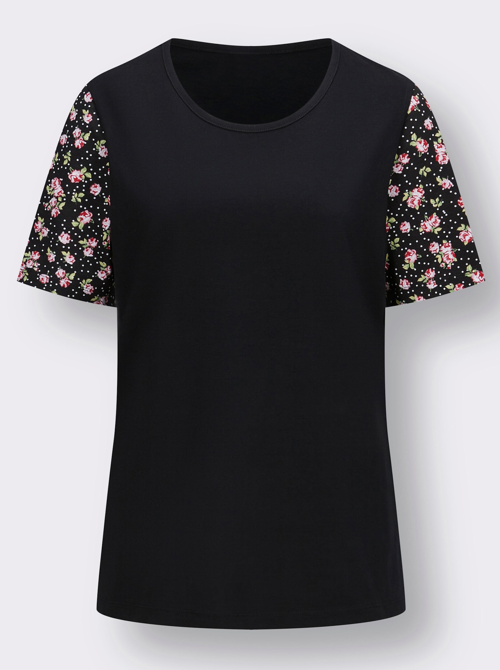 Tričko, krátke rukávy, kvietky na rukáve - čierna