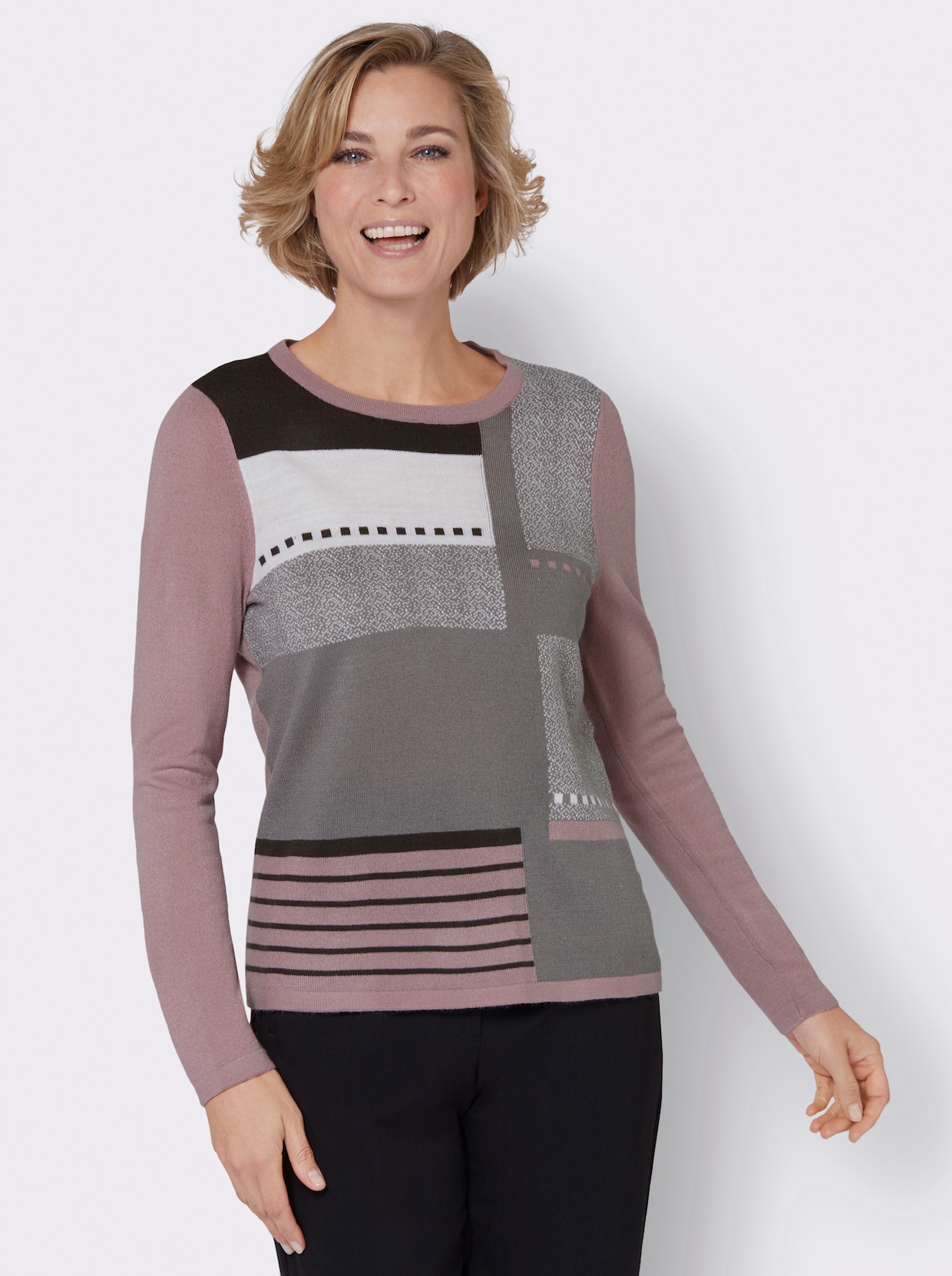 Langarm-Pullover - mauve-grau-gemustert