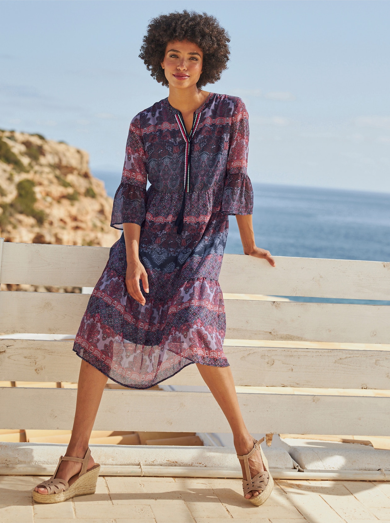 heine Druck-Kleid - jeansblau-rot-bedruckt