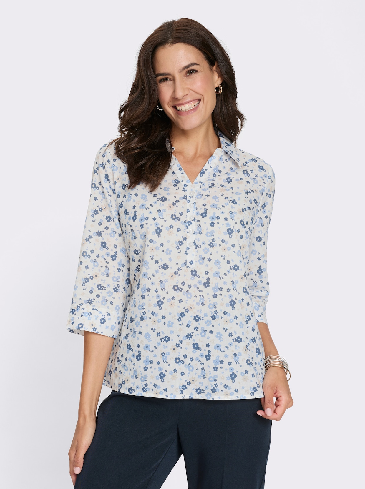 Baumwollbluse - ecru-bleu-bedruckt