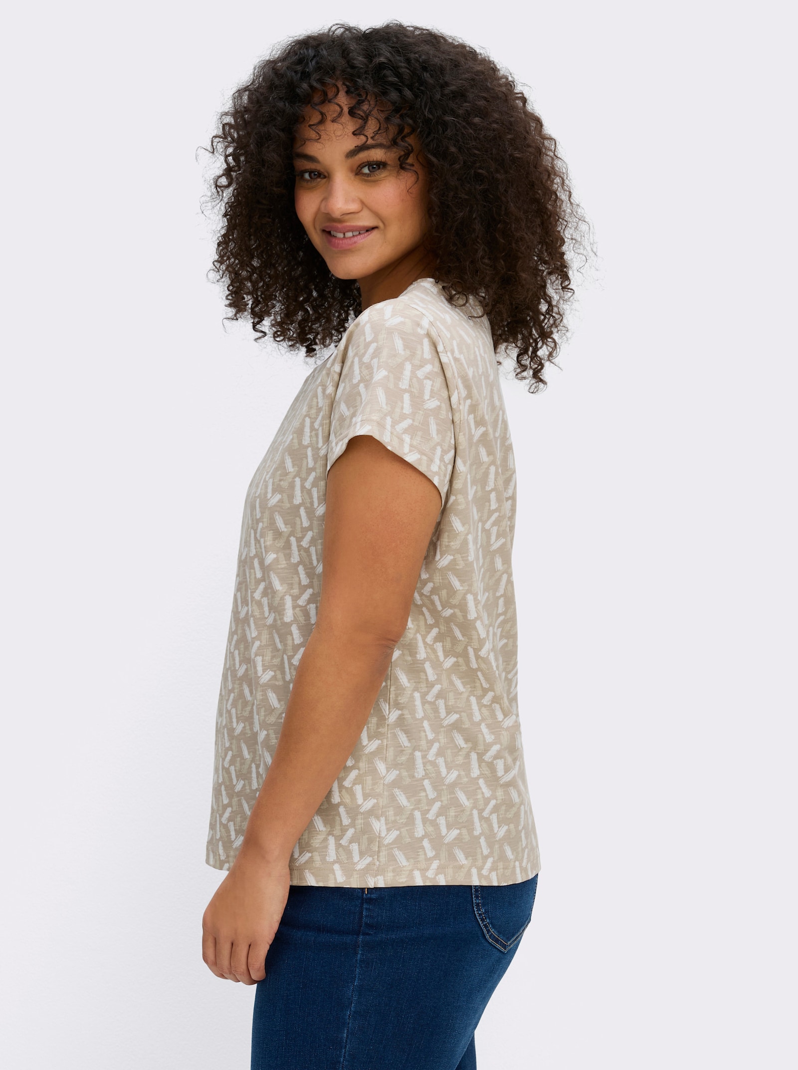 Rundhalsshirt mit Flammgarn-Struktur - beige-ecru-bedruckt