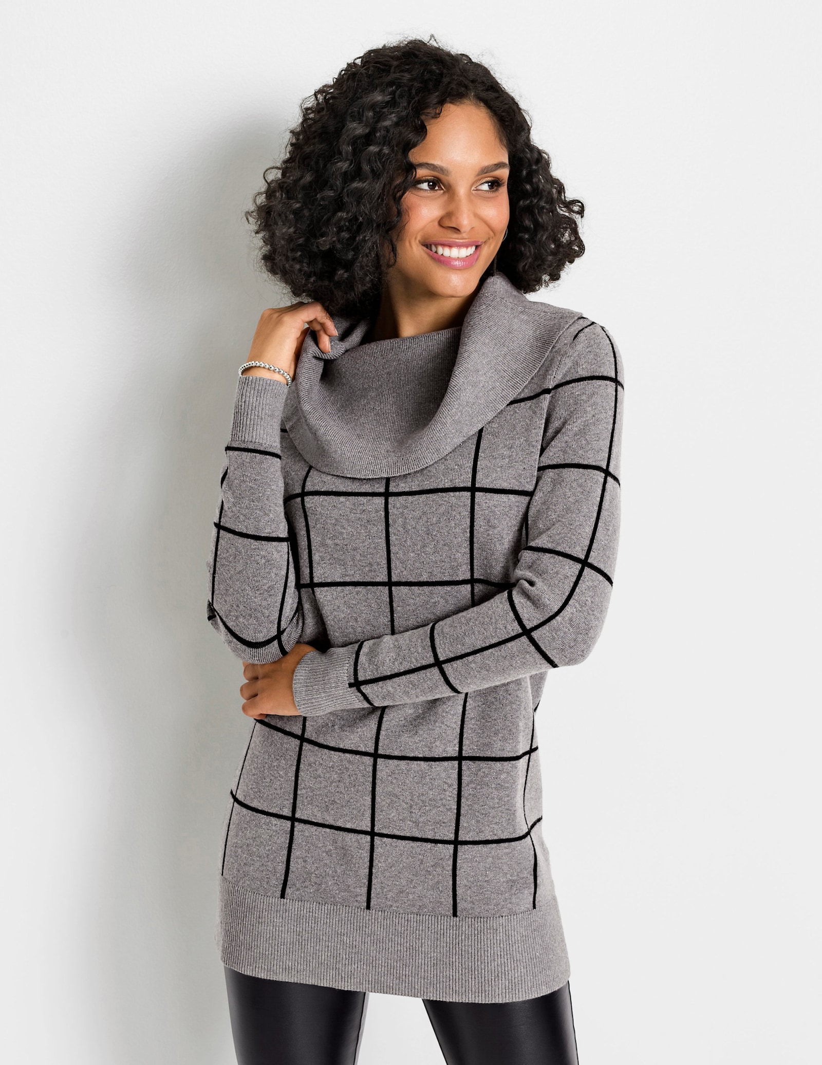 Pullover van jacquard met grote rolkraag - grijs gemêleerd