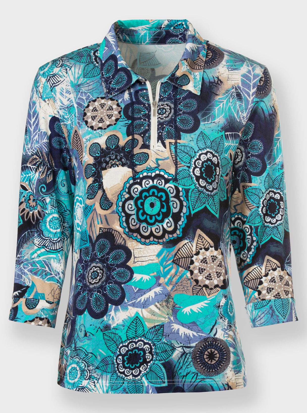 Shirt - aquamarin-ecru-bedruckt