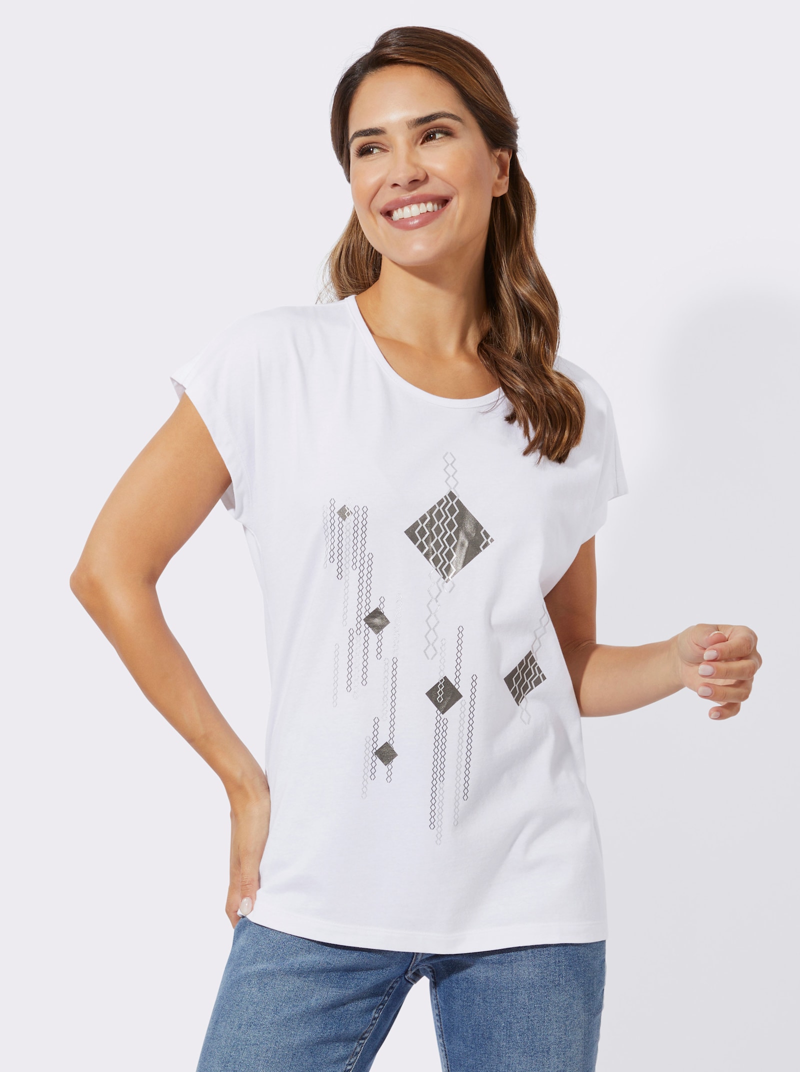 Kurzarmshirt mit Folien-Print - weiß-schwarz