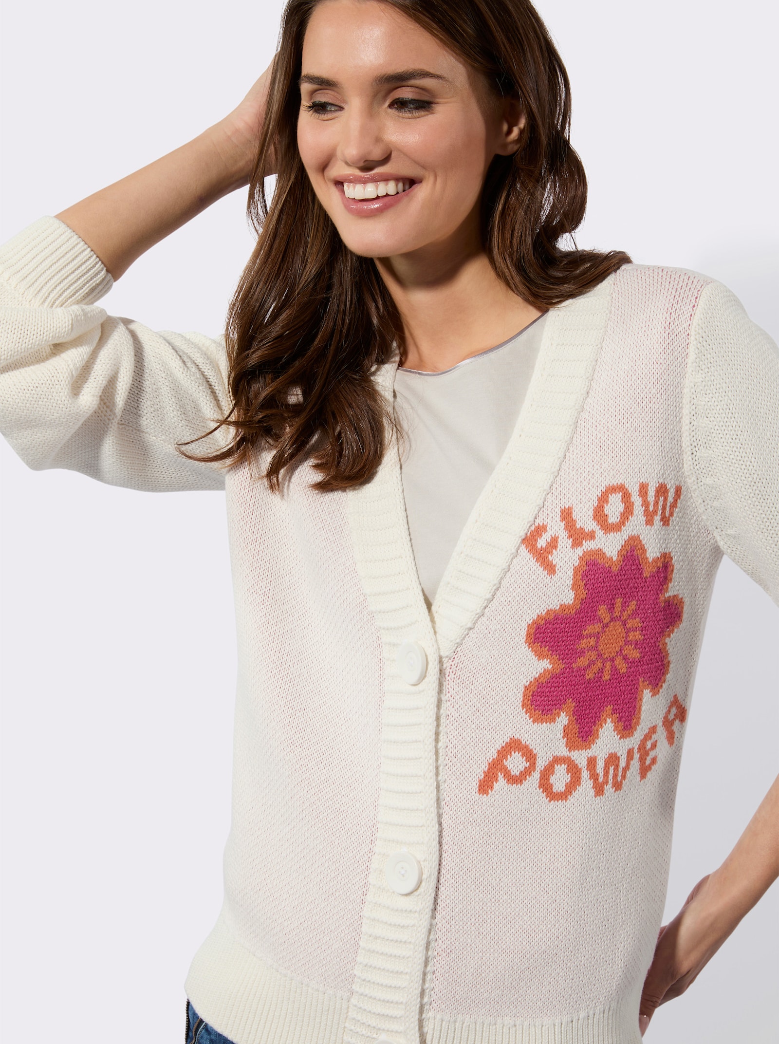 Strickjacke mit Flower Power-Motiv - ecru
