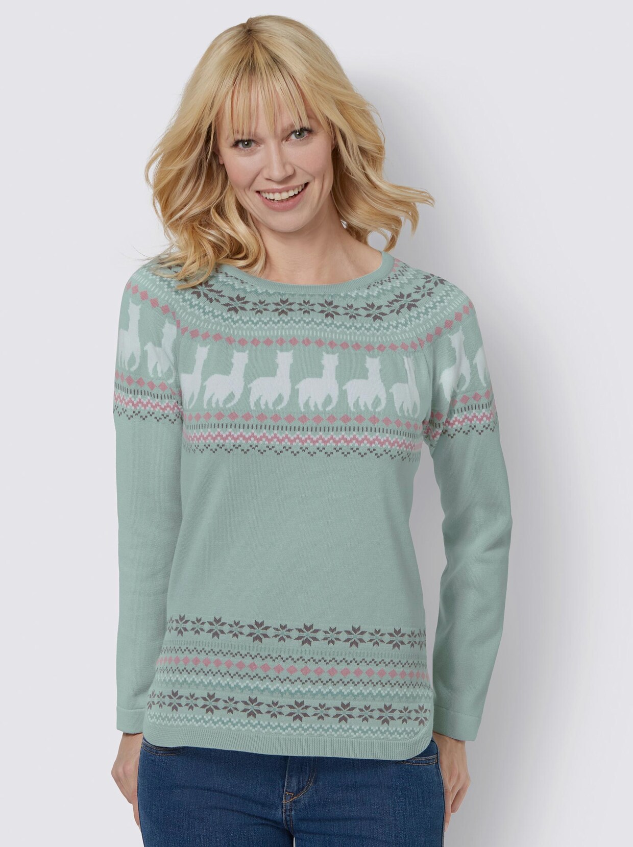 Langarm-Pullover - kalkmint-ecru-gemustert