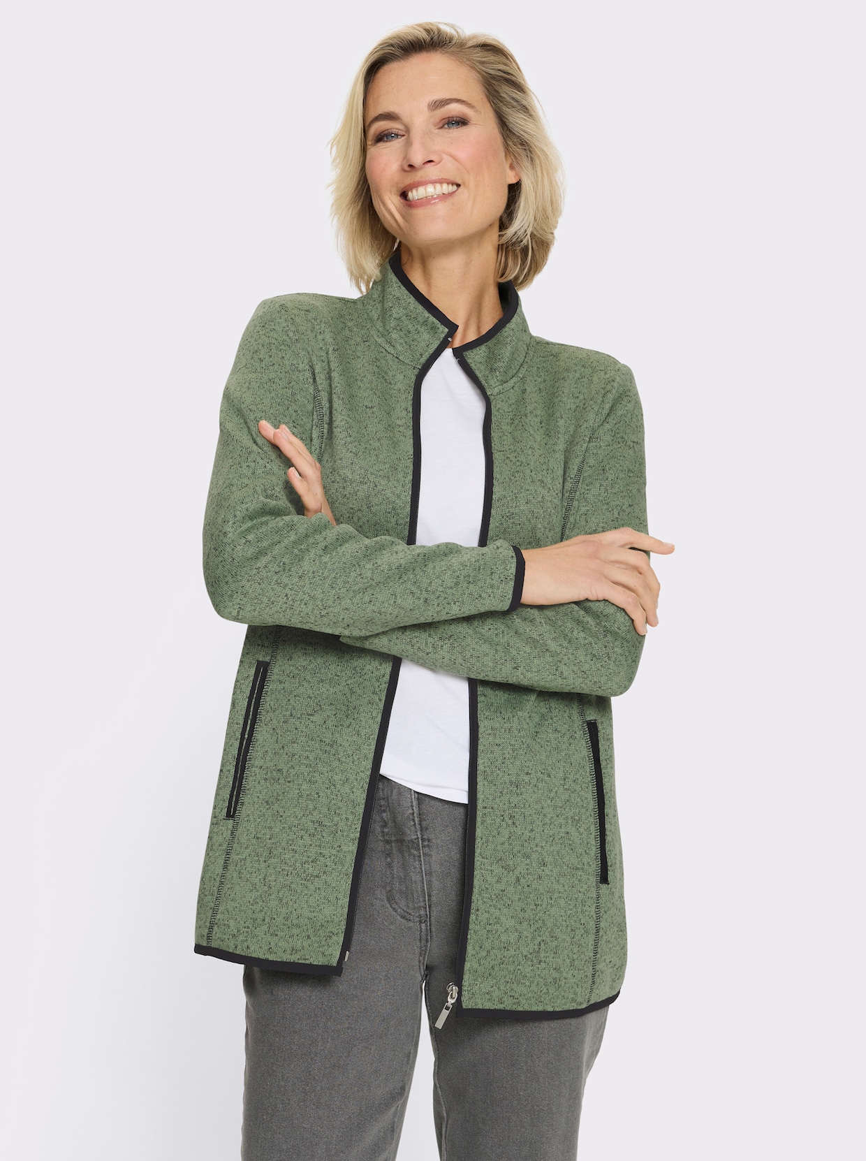 Gebreid fleecejack met elastische boorden met paspel - eucalyptus/zwart gedessineerd