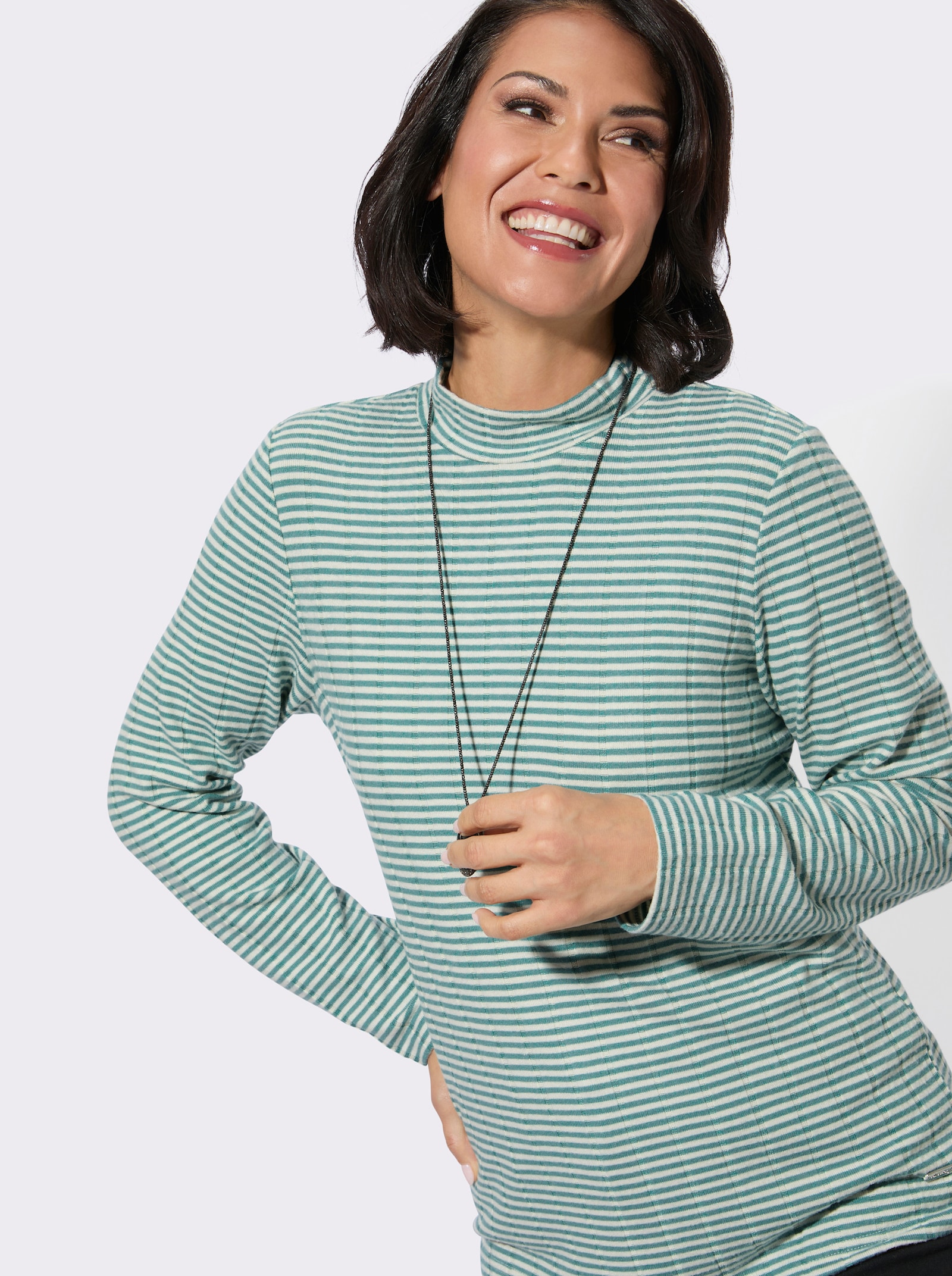 Langarmshirt mit Stehkragen - jade-ecru-geringelt
