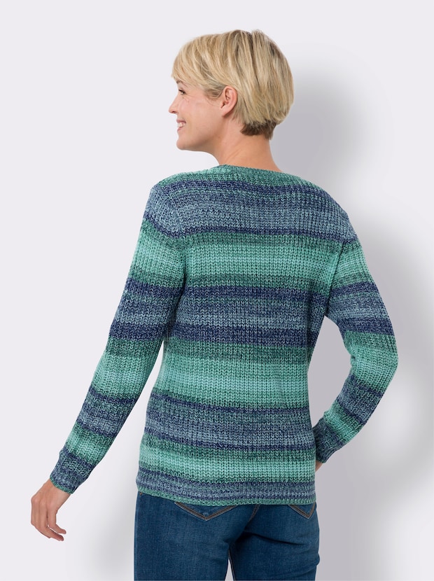 Pullover van fijntricot met ronde hals, gestreept in ecru/rood