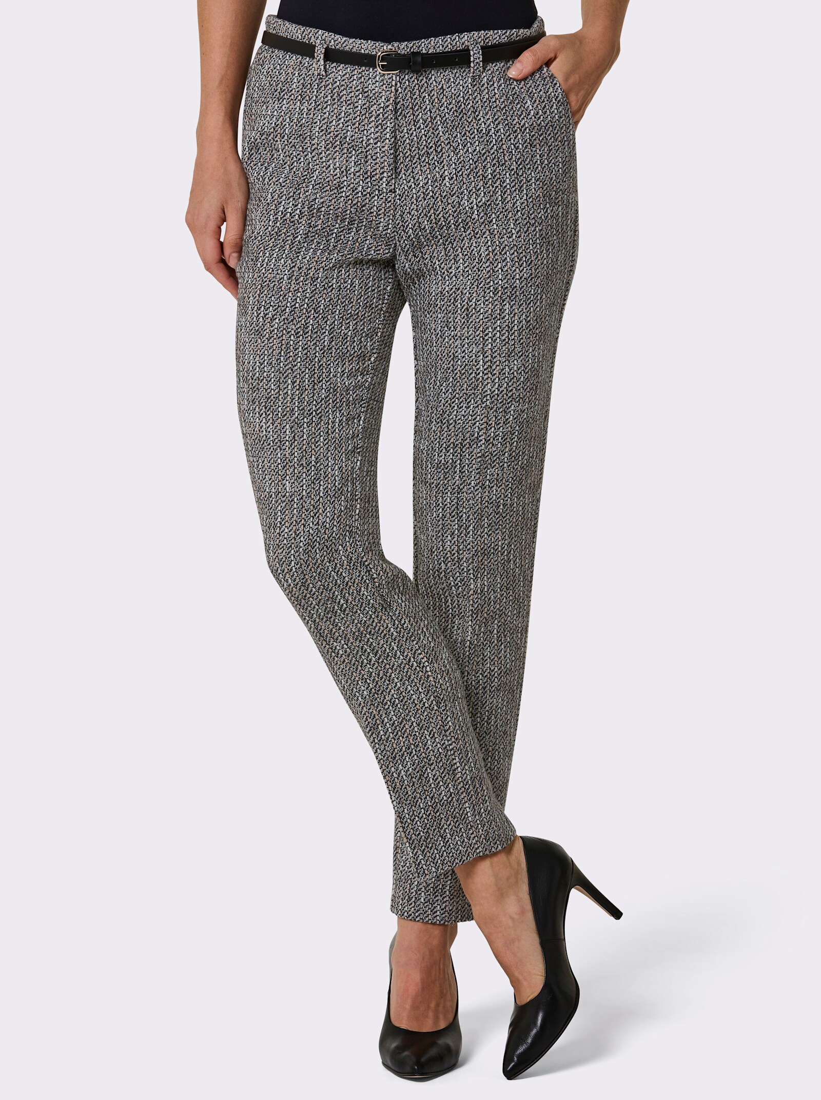 CREATION L PREMIUM Hose mit Ledergürtel - anthrazit-ecru-meliert