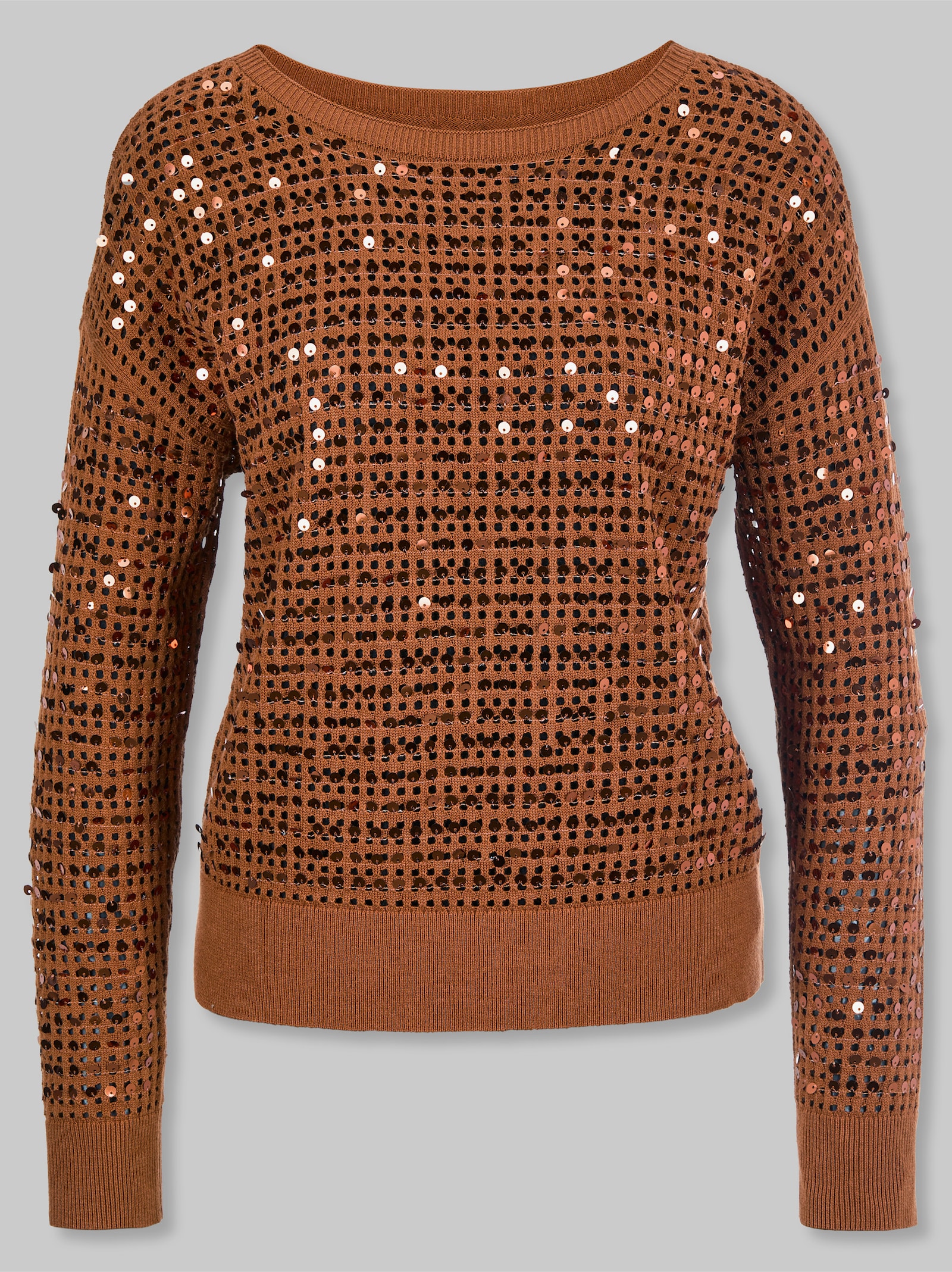 heine Langarm-Pullover in Netzstrick-Optik - cognac