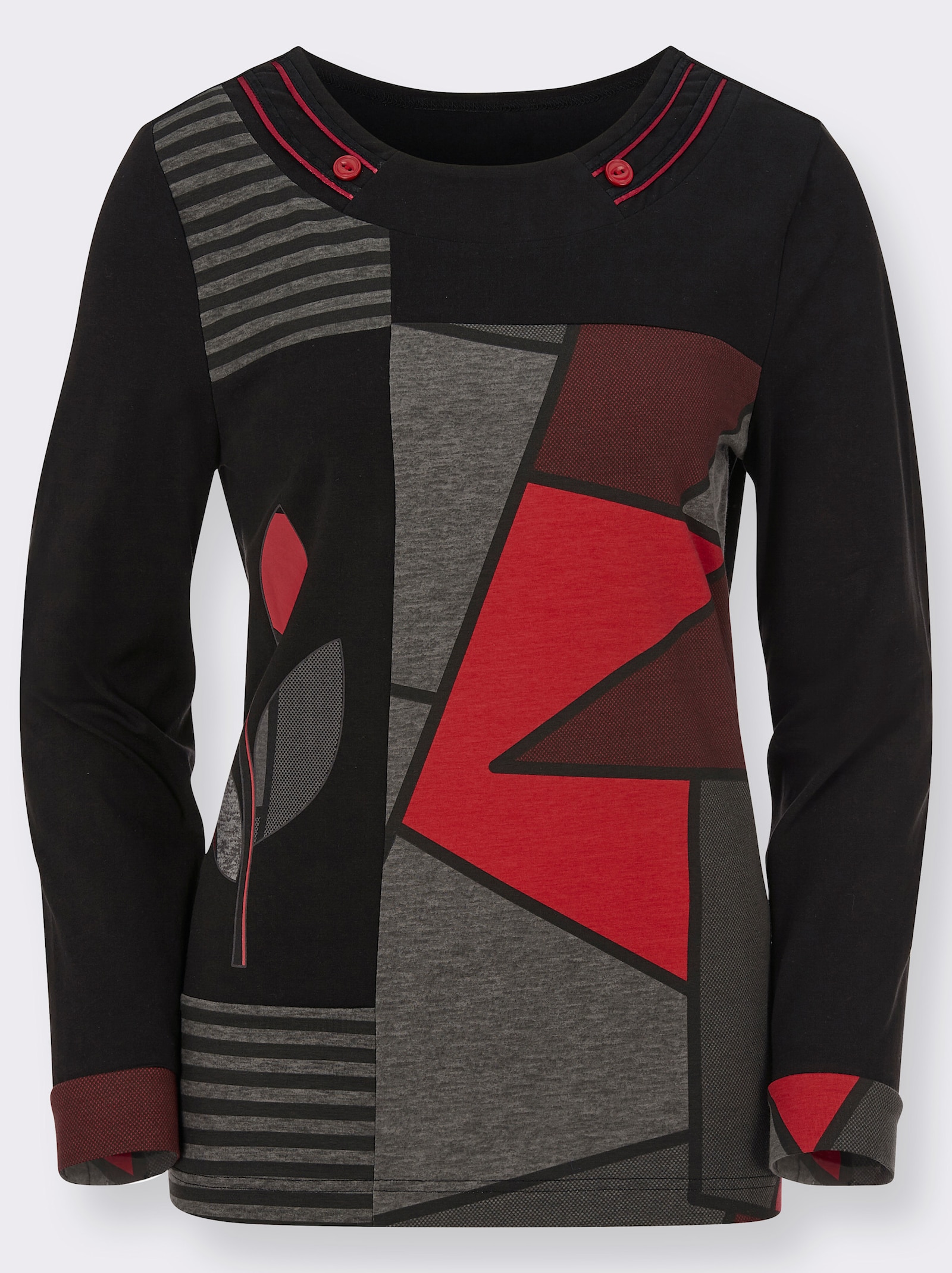 Shirt met ronde hals in patchdessin - zwart/rood gedessineerd