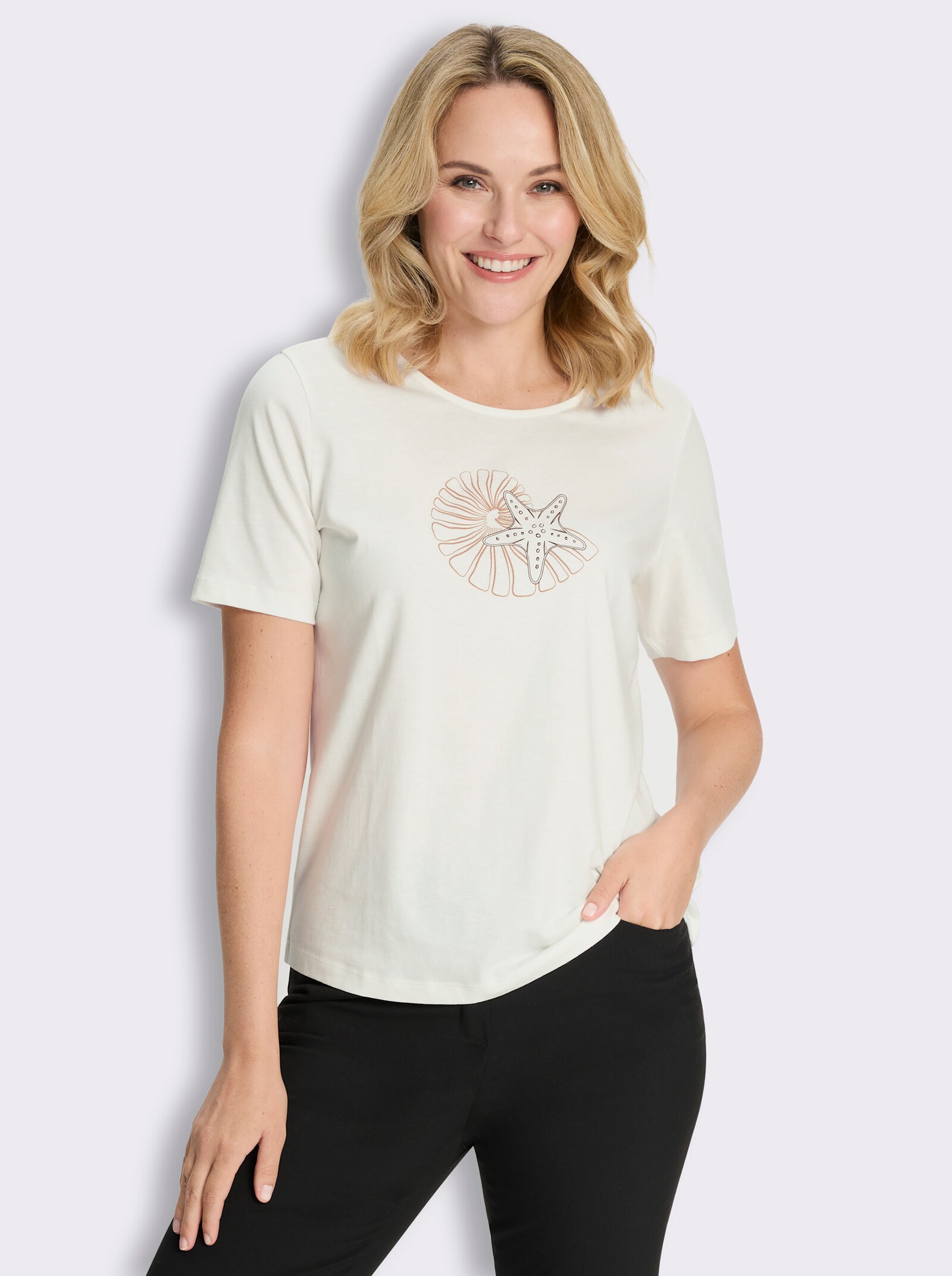 Kurzarmshirt im Muschel-Dessin - ecru-camel