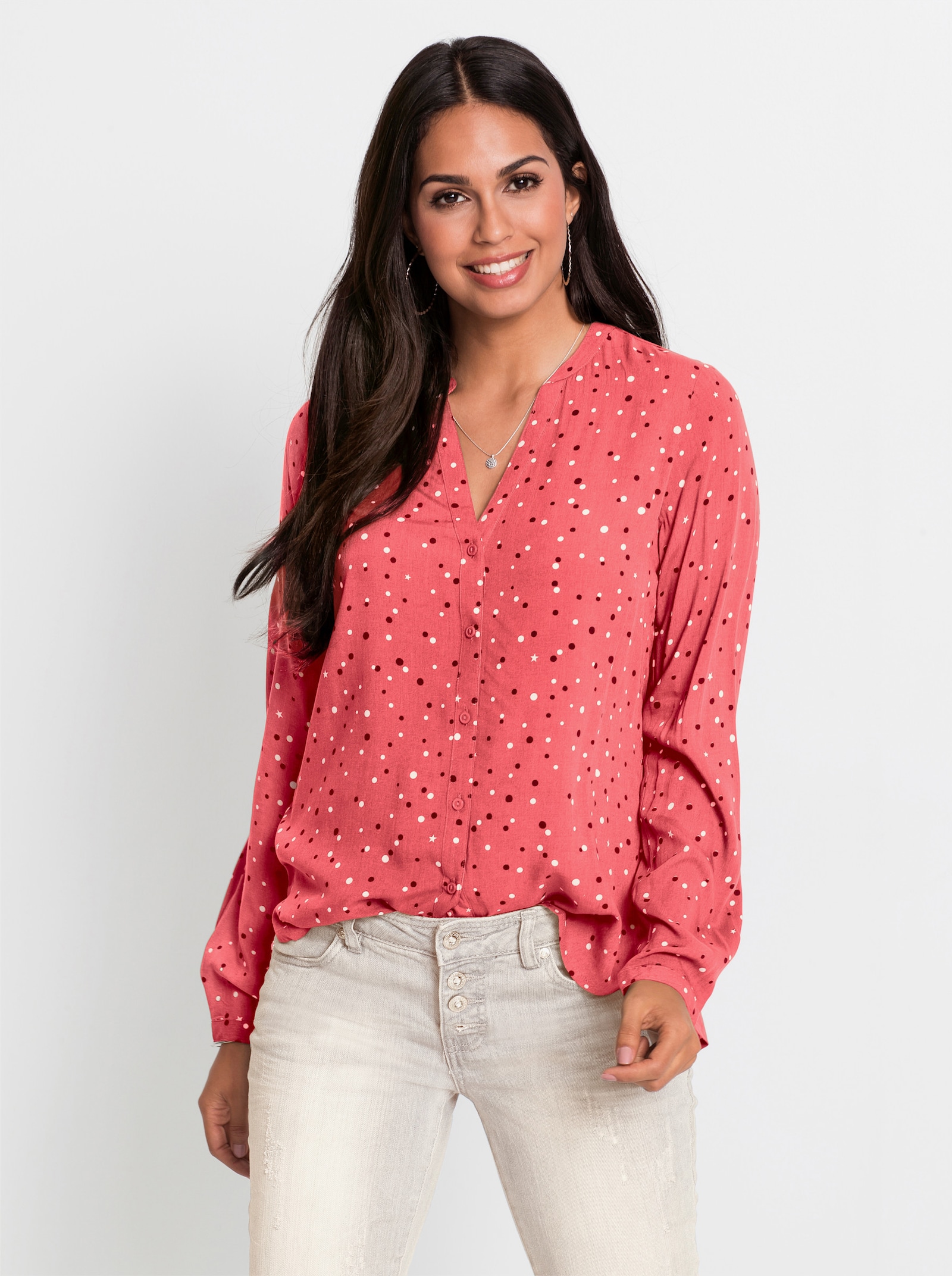 Blouse met lange mouwen en stippenprint - koraal/ecru bedrukt