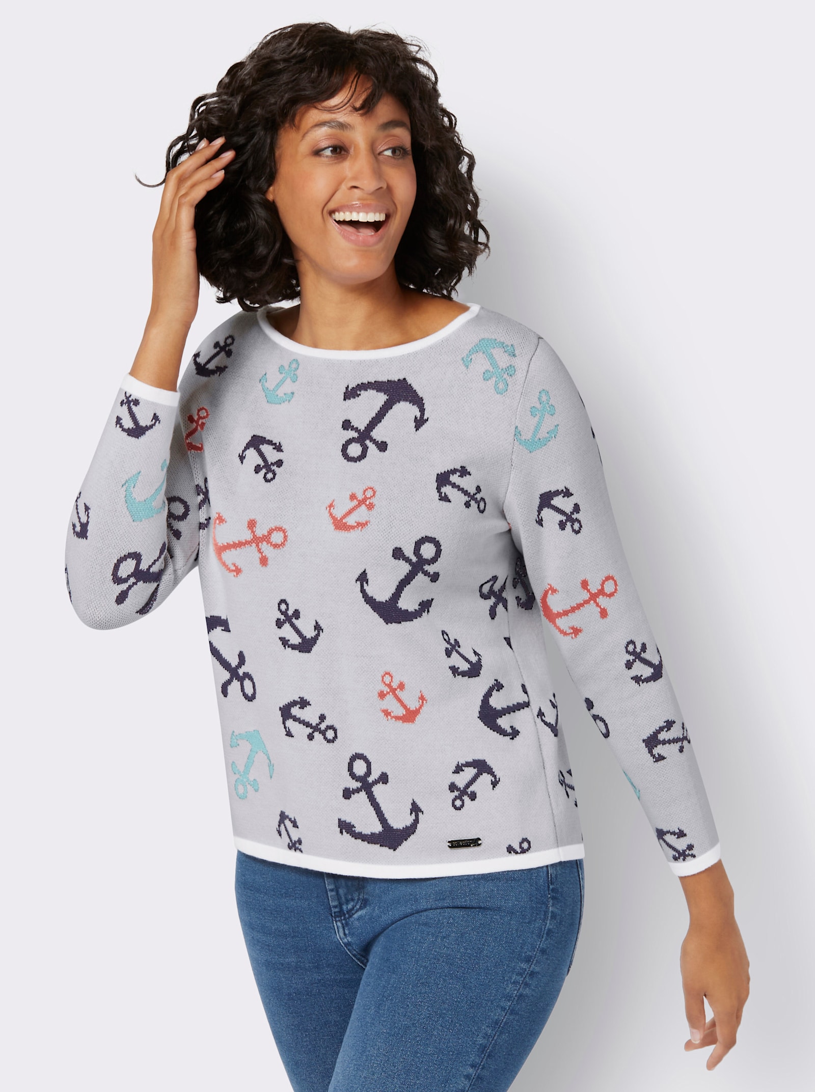 Pullover met ronde hals en maritiem dessin - wit/marine