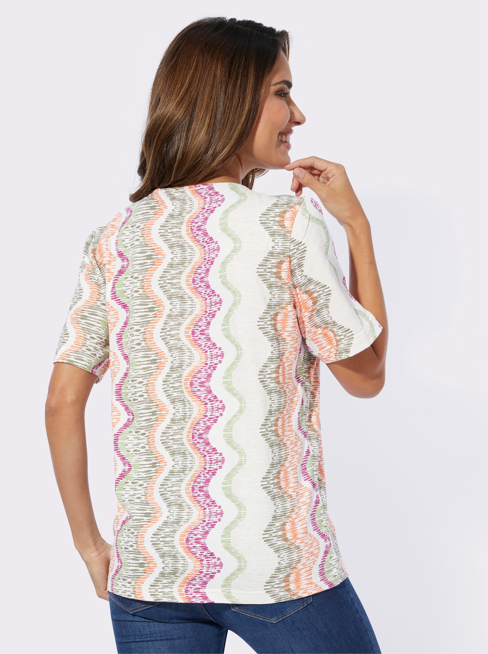 V-Shirt mit Raffungen - ecru-khaki-bedruckt