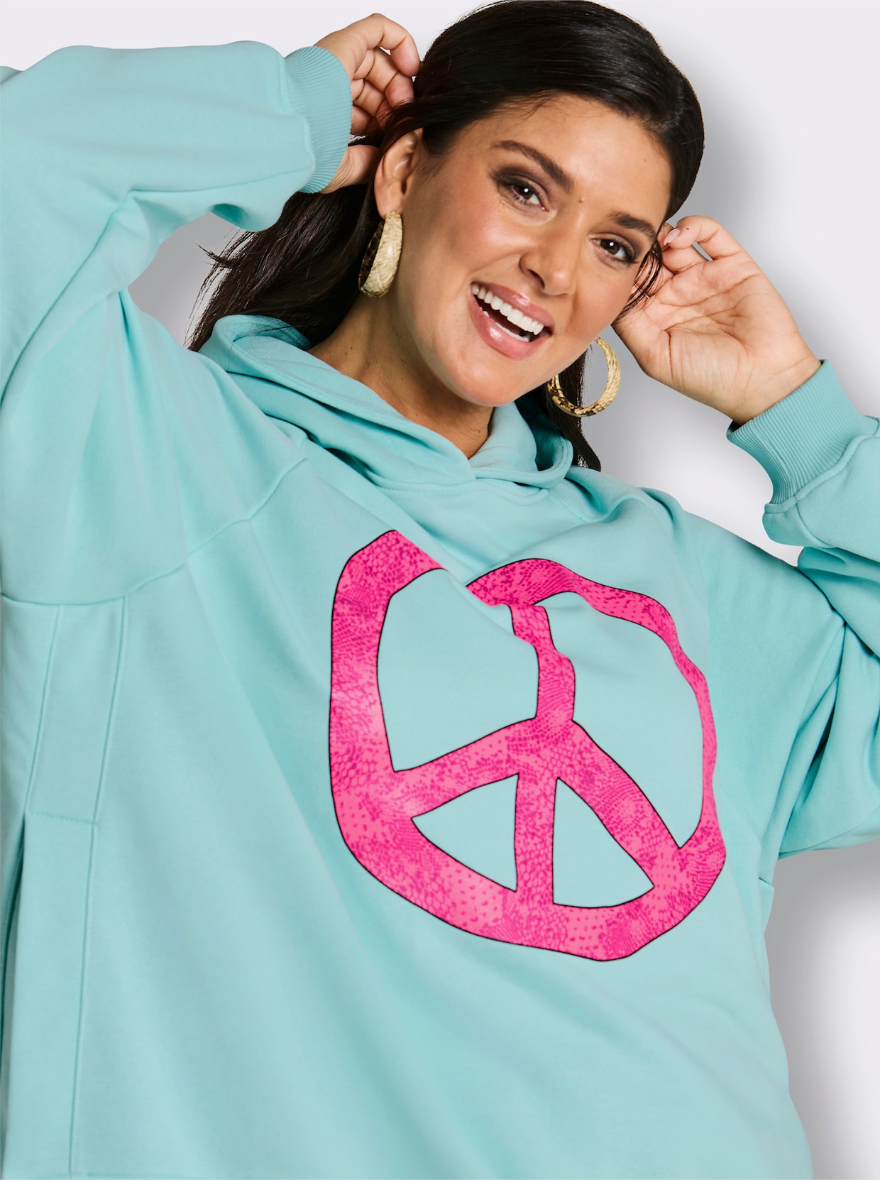 sheego loves miss goodlife Kapuzensweatshirt mit Neon-Print vorn - royalblau-pink-bedruckt