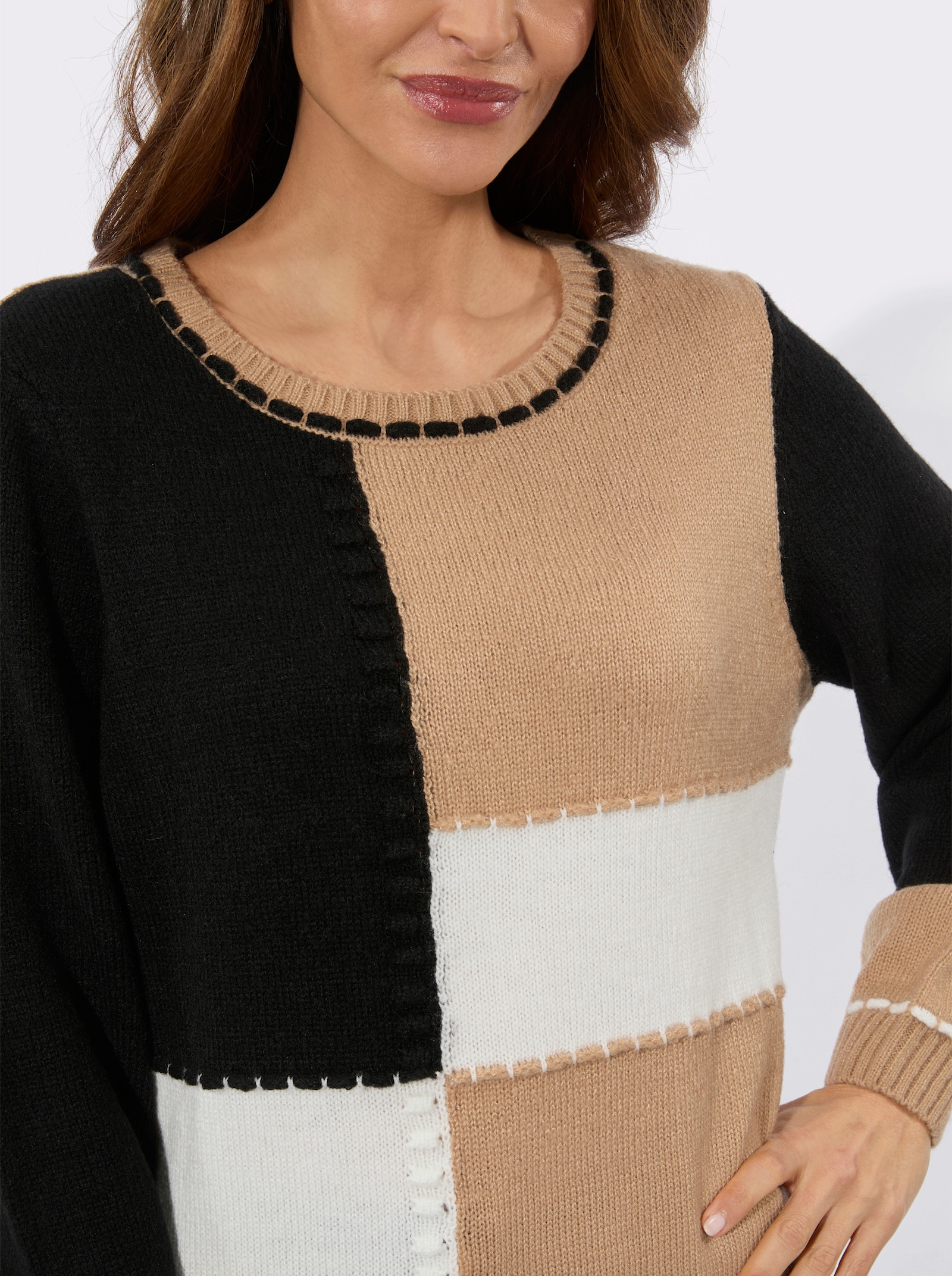 Langarm-Pullover in Colour-Blocking-Optik - camel-schwarz